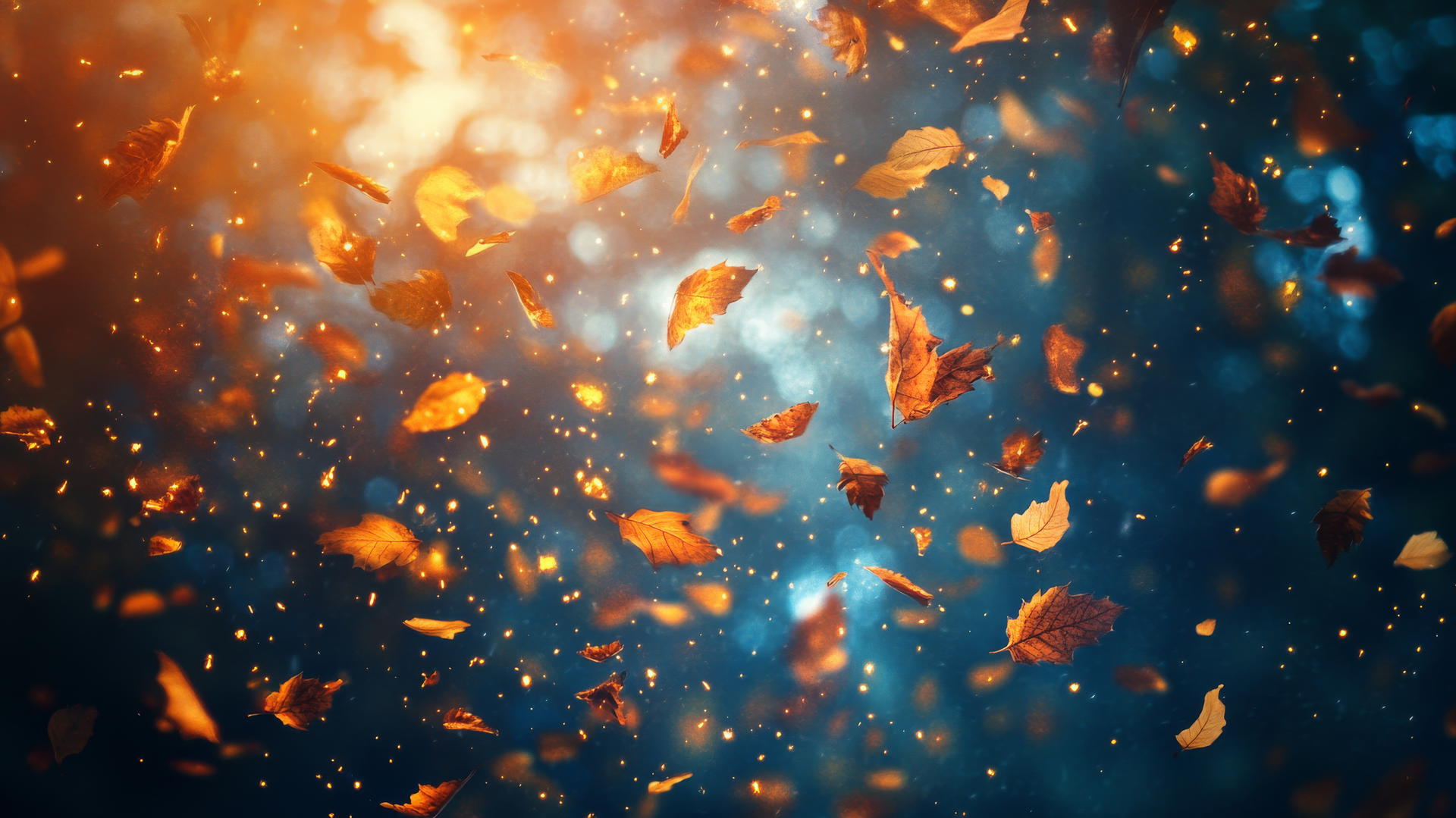 thanksgiving wallpaper with falling autumn leaves and swirling golden light against a deep blue twilight sky