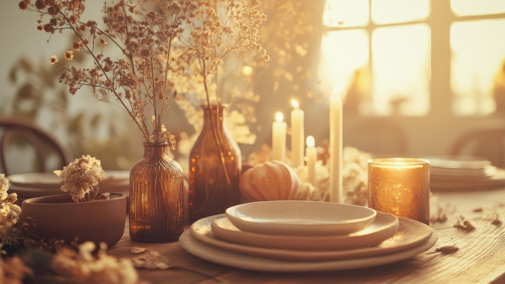 Thanksgiving wallpaper aesthetic with rustic table setting, ceramic plates, dried flowers, amber candles