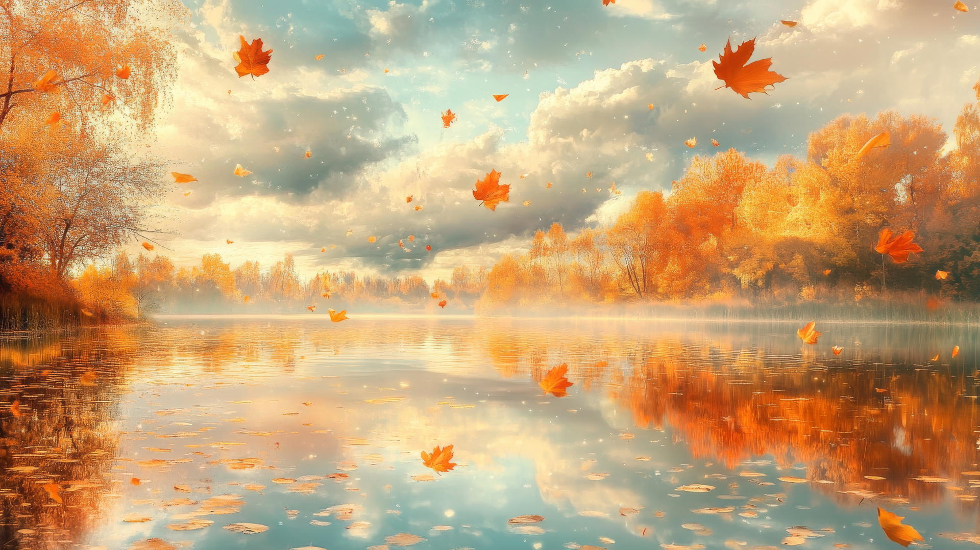 aesthetic thanksgiving wallpaper with floating golden leaves over a mirror pond reflecting a pastel autumn sky