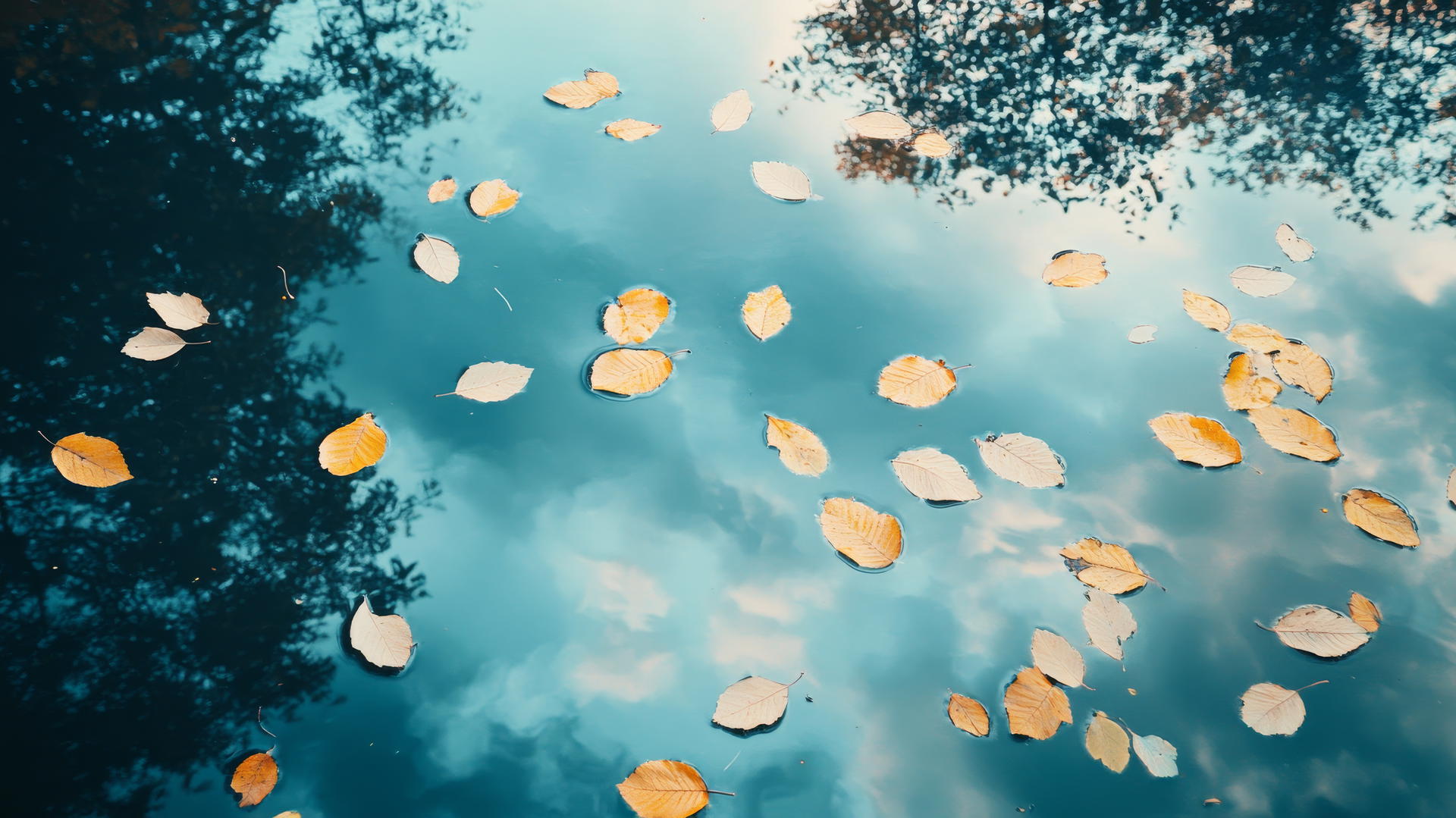 aesthetic thanksgiving wallpaper with golden leaves floating above a mirror-like pond reflecting a cloudy autumn sky