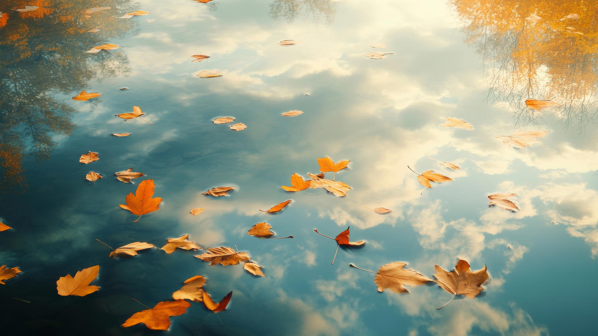Aesthetic Thanksgiving wallpaper with golden leaves floating over a mirror-like pond.
