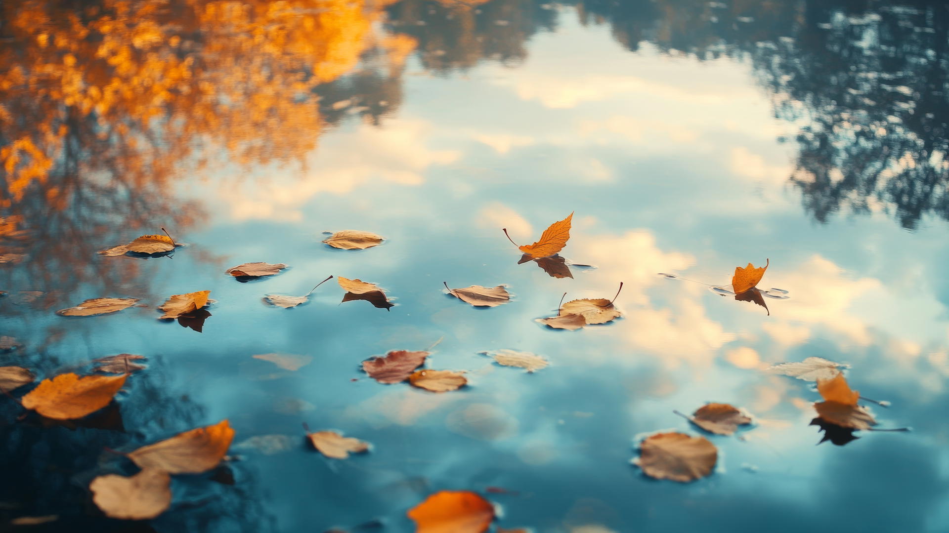 aesthetic thanksgiving wallpaper with golden leaves above a reflective pond