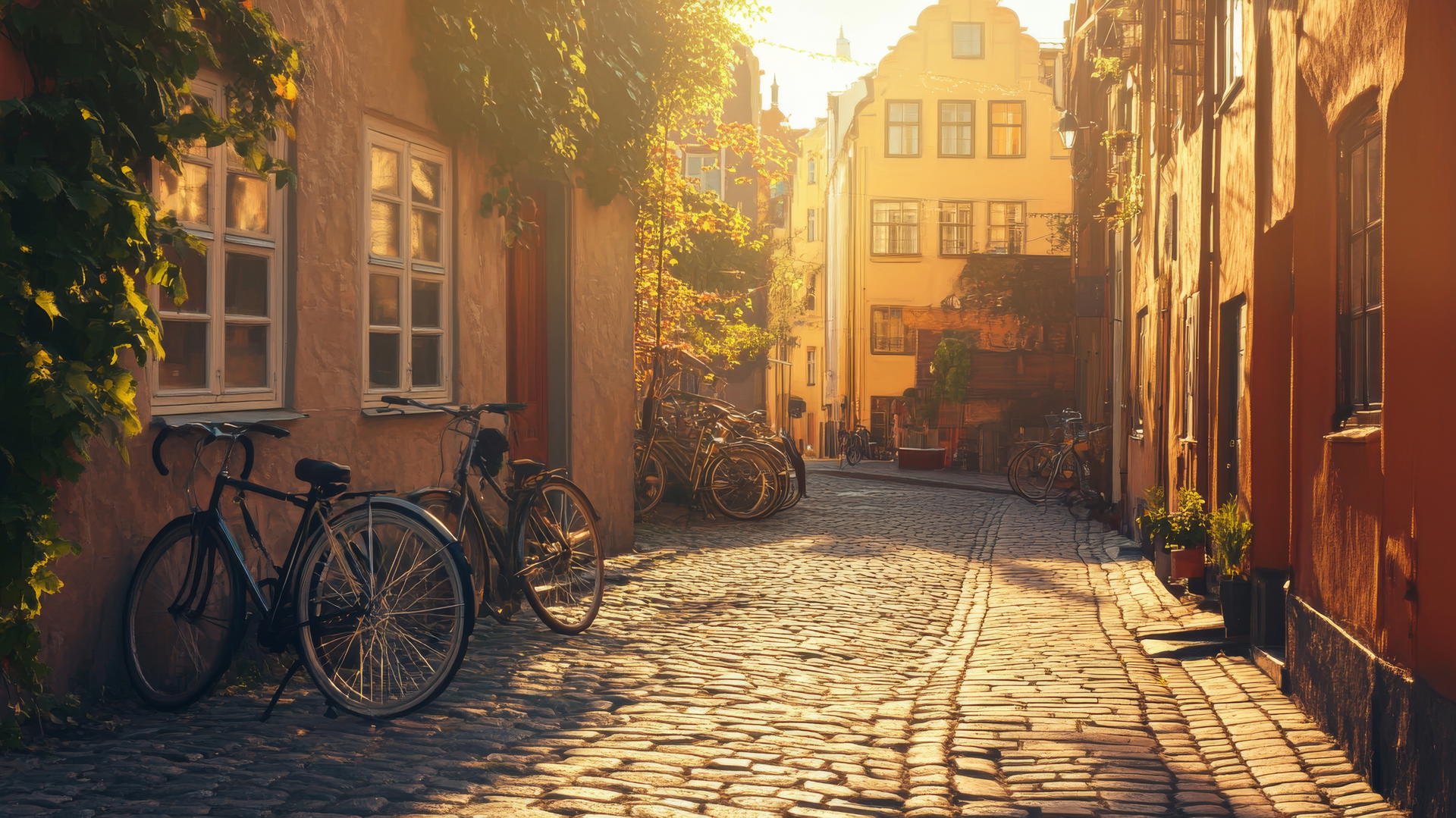 summer aesthetic wallpaper with sunlit cityscape, pastel buildings, and bicycles