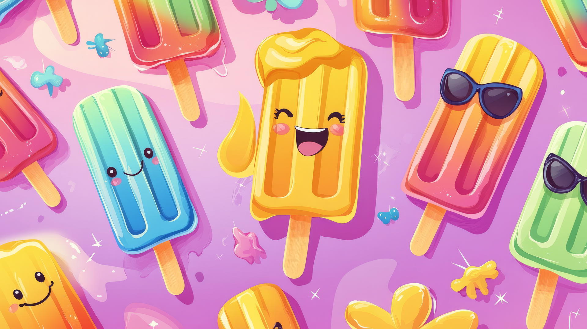 Cute summer wallpaper with cartoon popsicles, some smiling and wearing sunglasses.