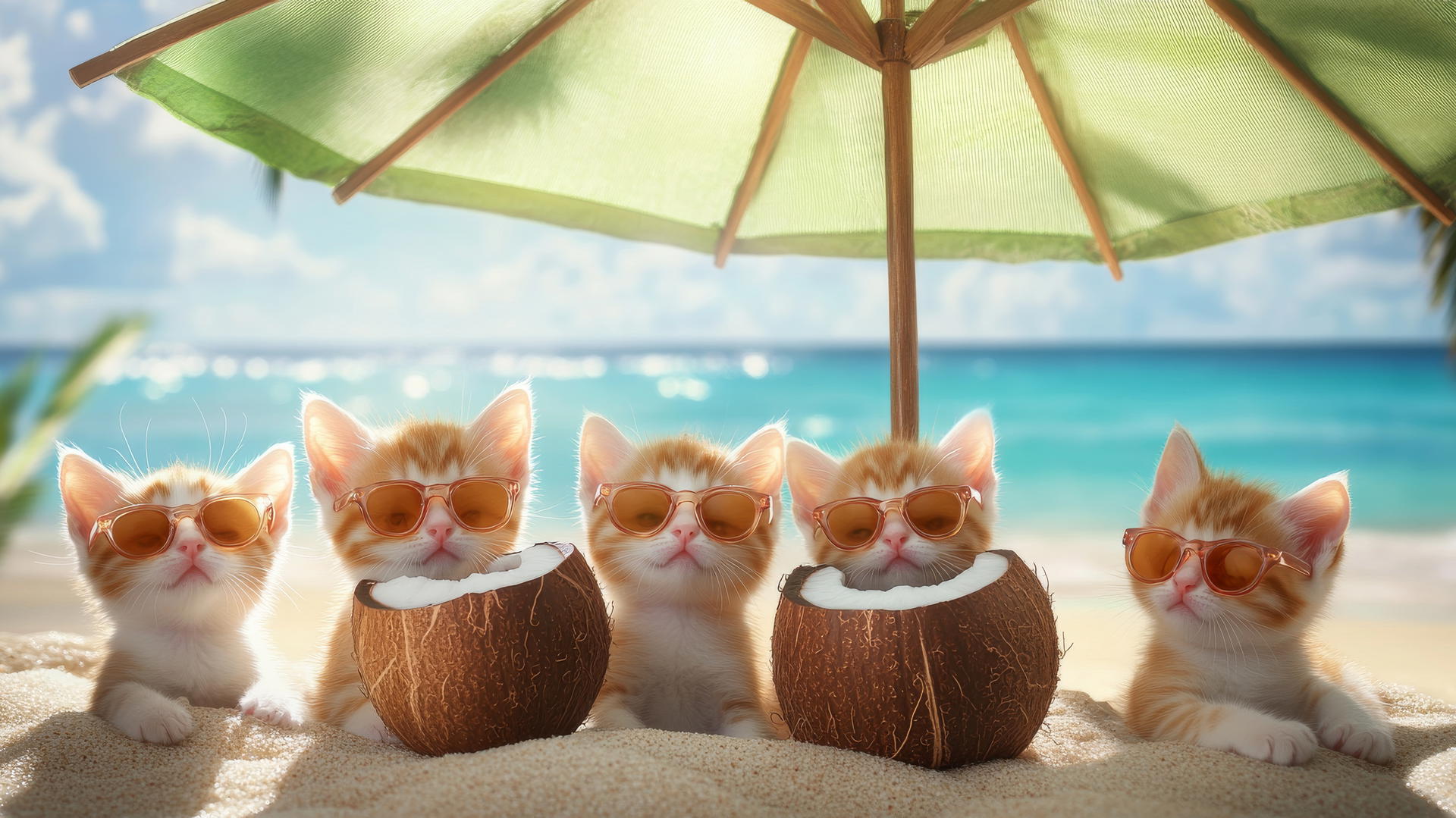 Cute summer wallpaper of kittens under a beach umbrella with sunglasses