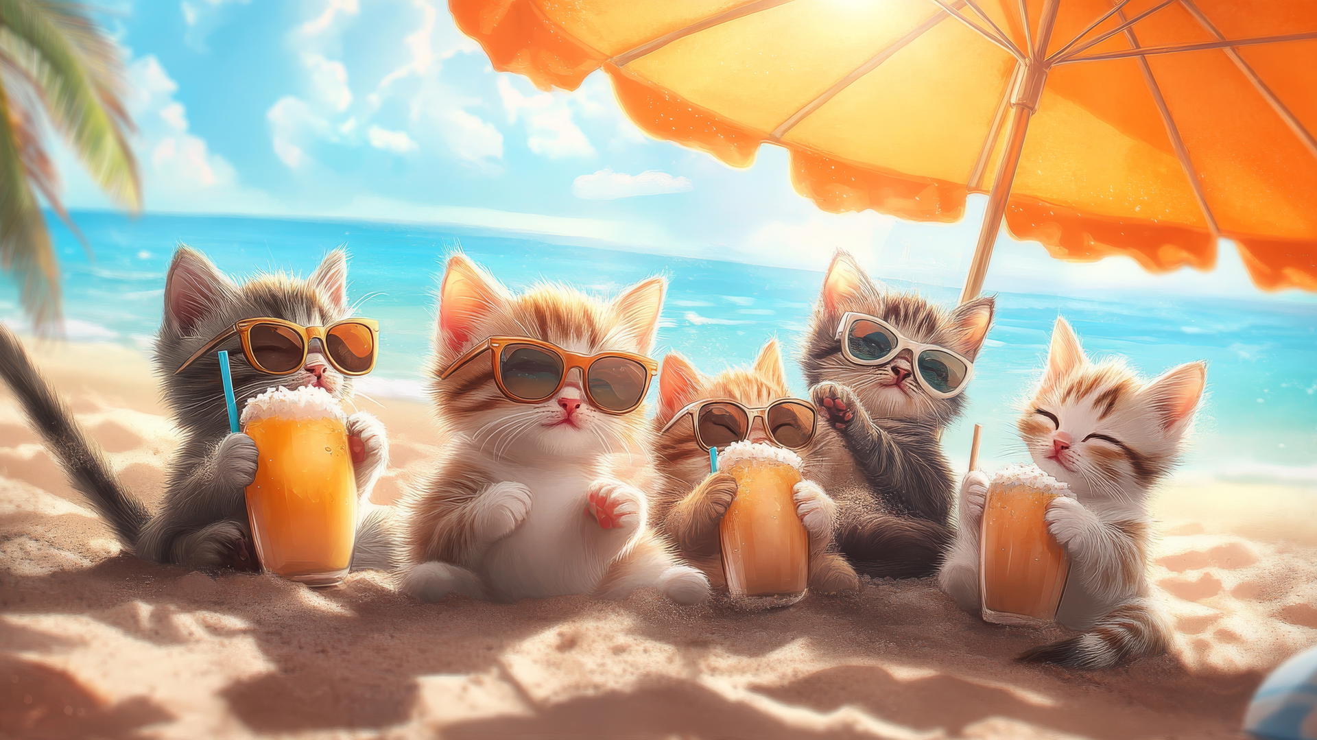 Cute summer wallpaper of playful kittens lounging under a beach umbrella.