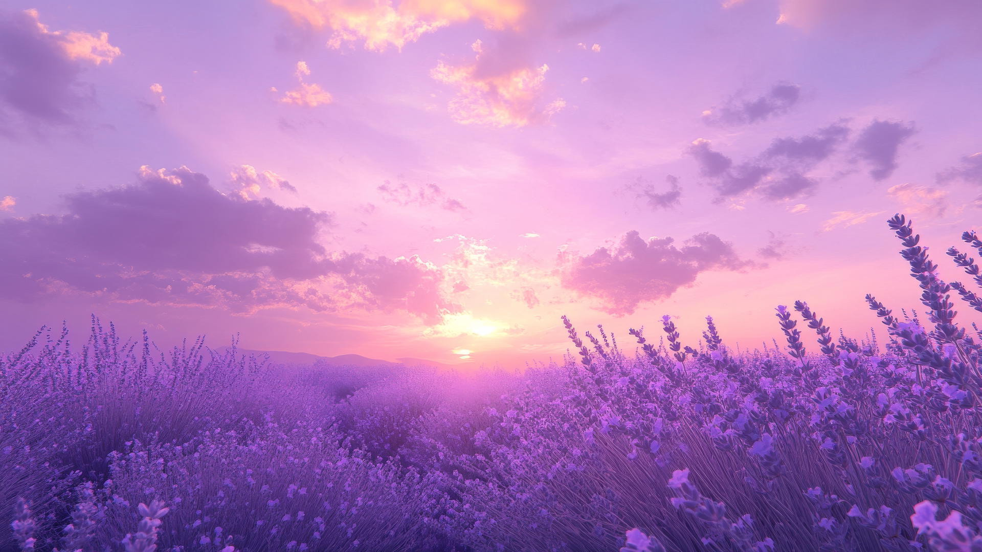 aesthetic purple wallpaper with lavender blooms, pastel clouds, and dreamy sunset