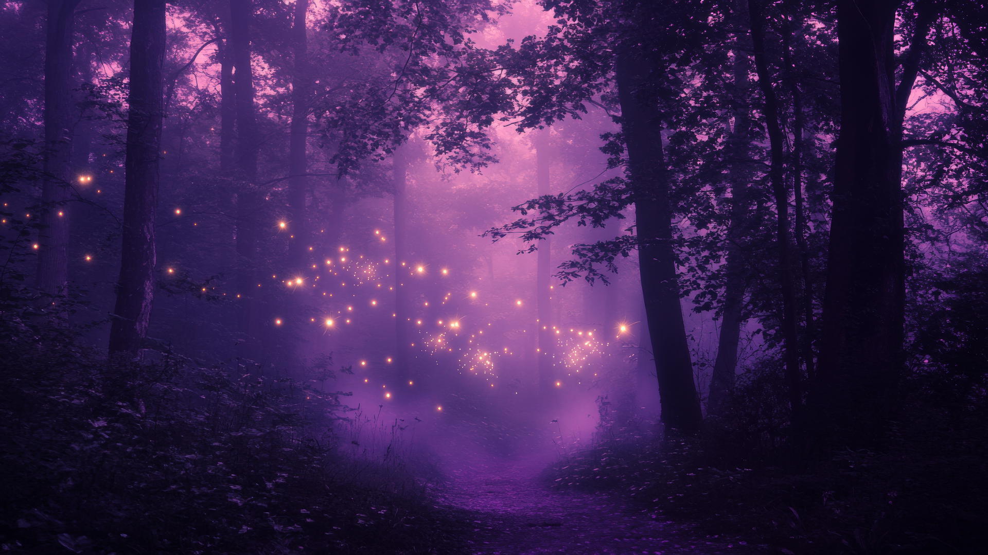 Aesthetic purple wallpaper of a mystical forest with mist and glowing fireflies.