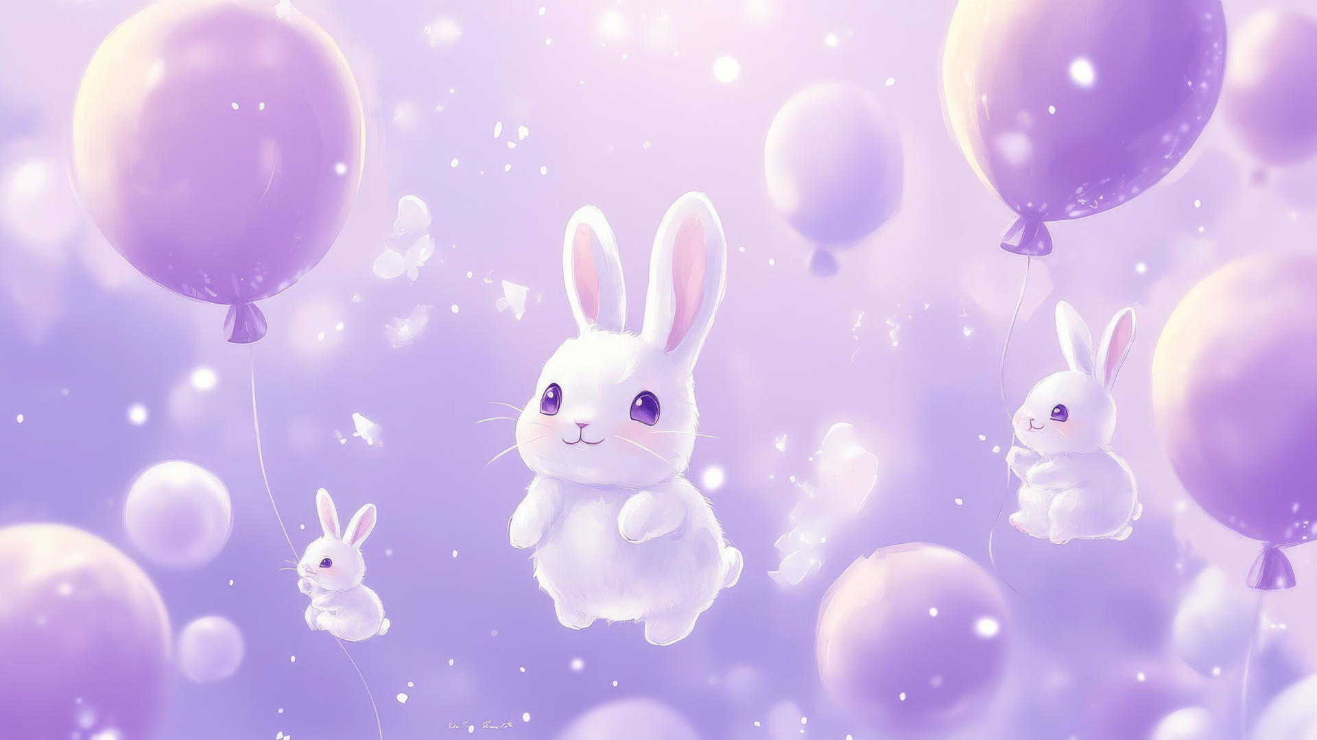 cute purple aesthetic wallpaper with happy bunnies and floating balloons