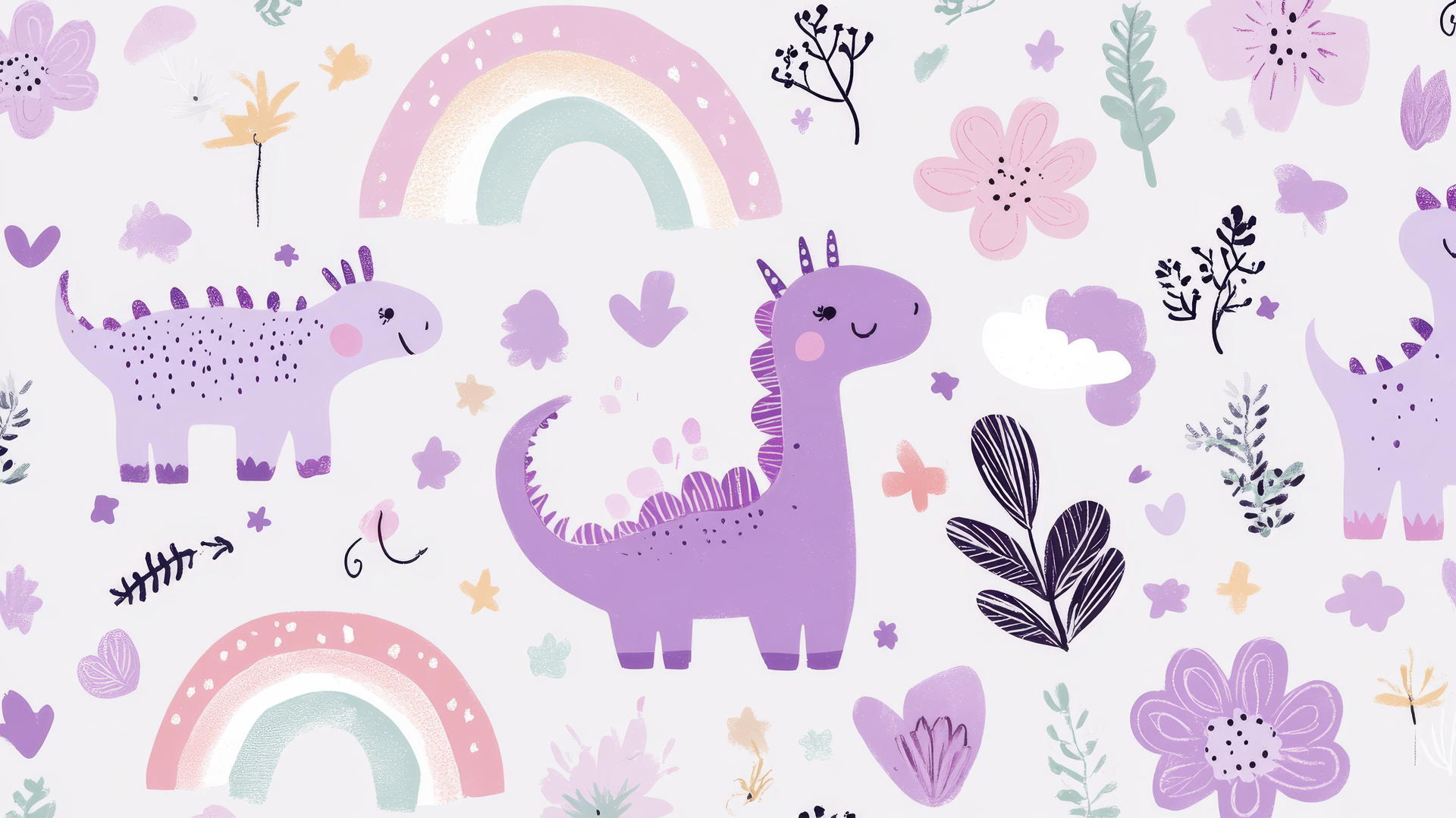 cute purple aesthetic wallpaper with tiny dinosaurs, flowers, rainbows in doodle style