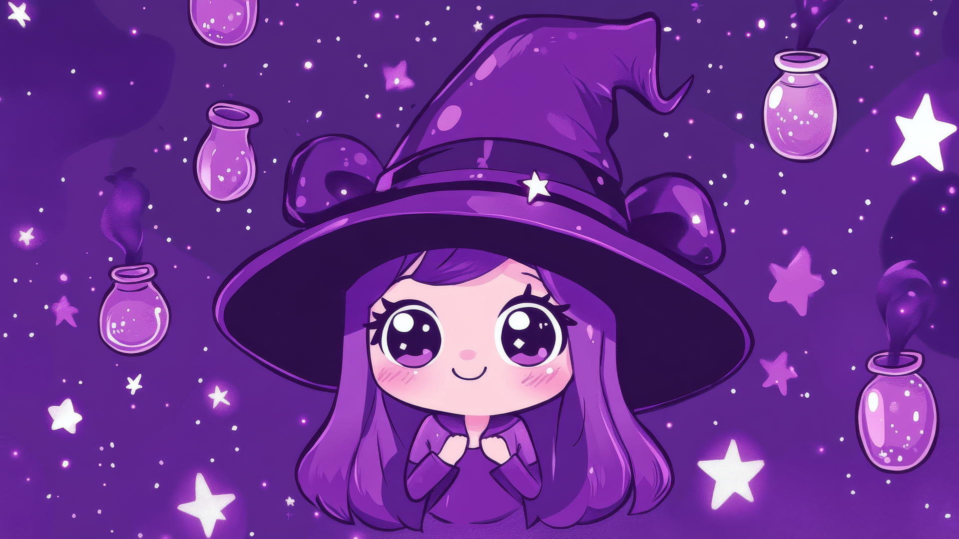 cute purple aesthetic wallpaper with chibi-style witches, big eyes, purple hats, potions, and stars