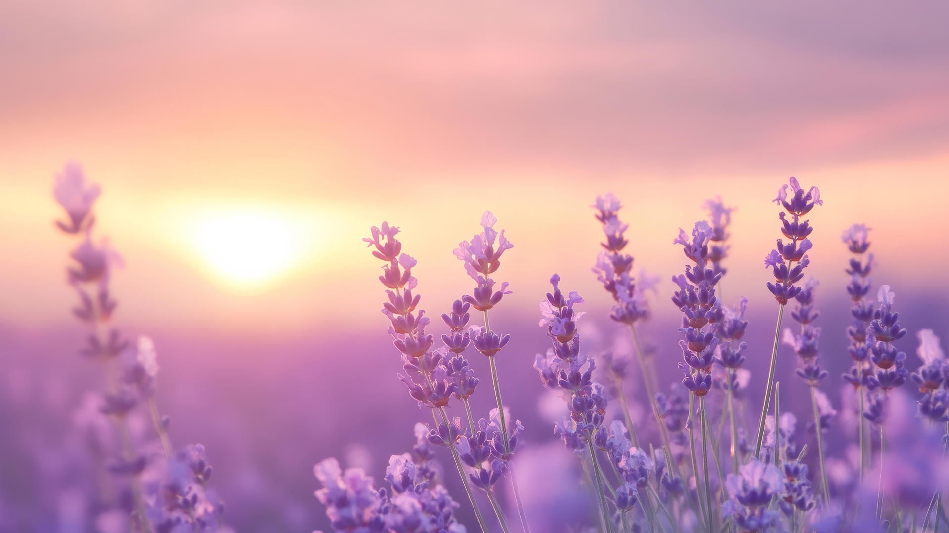 peaceful lavender field with pastel purple sky at sunset, light purple wallpaper