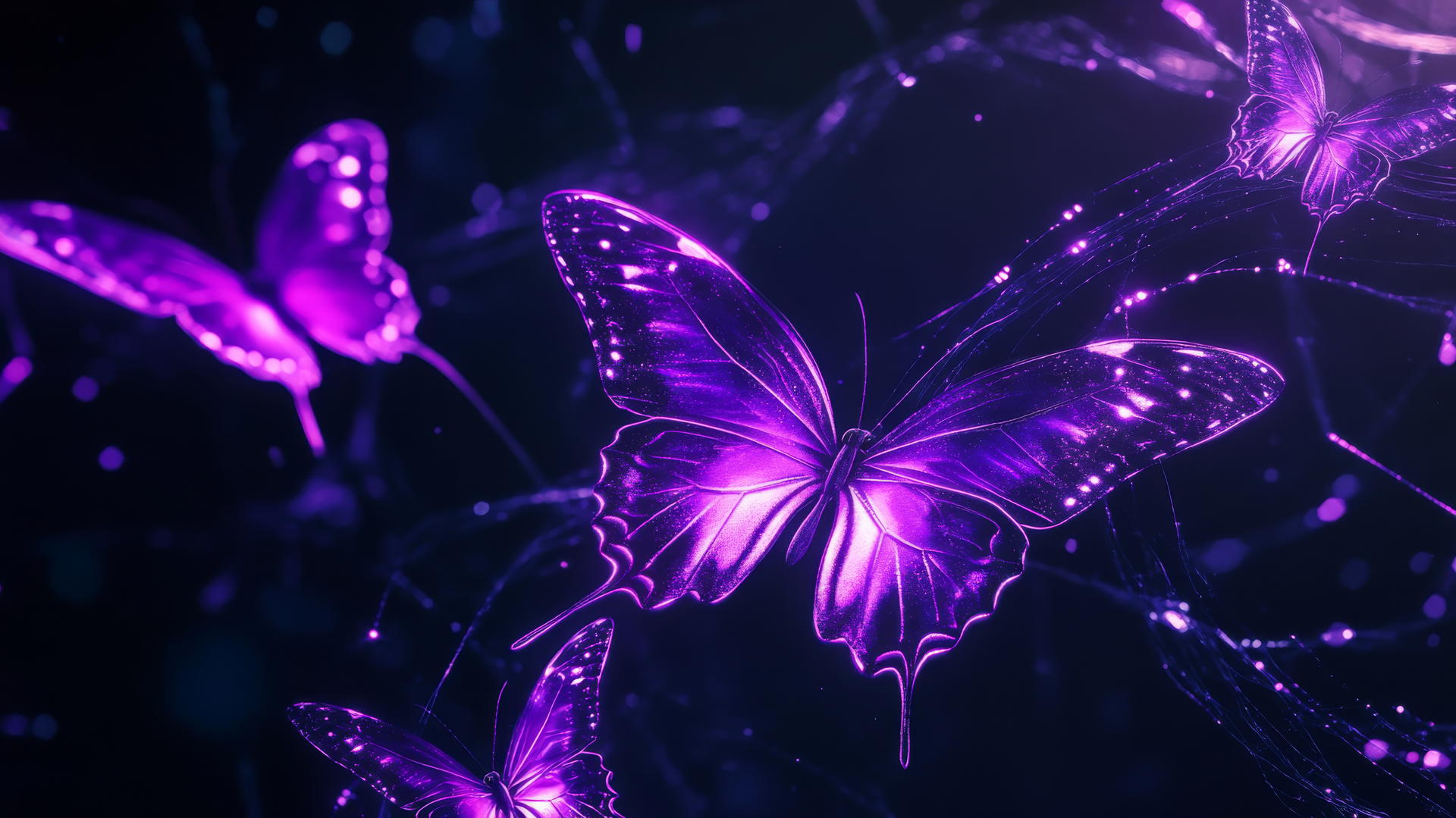Purple butterfly wallpaper with neon butterflies glowing on a black background
