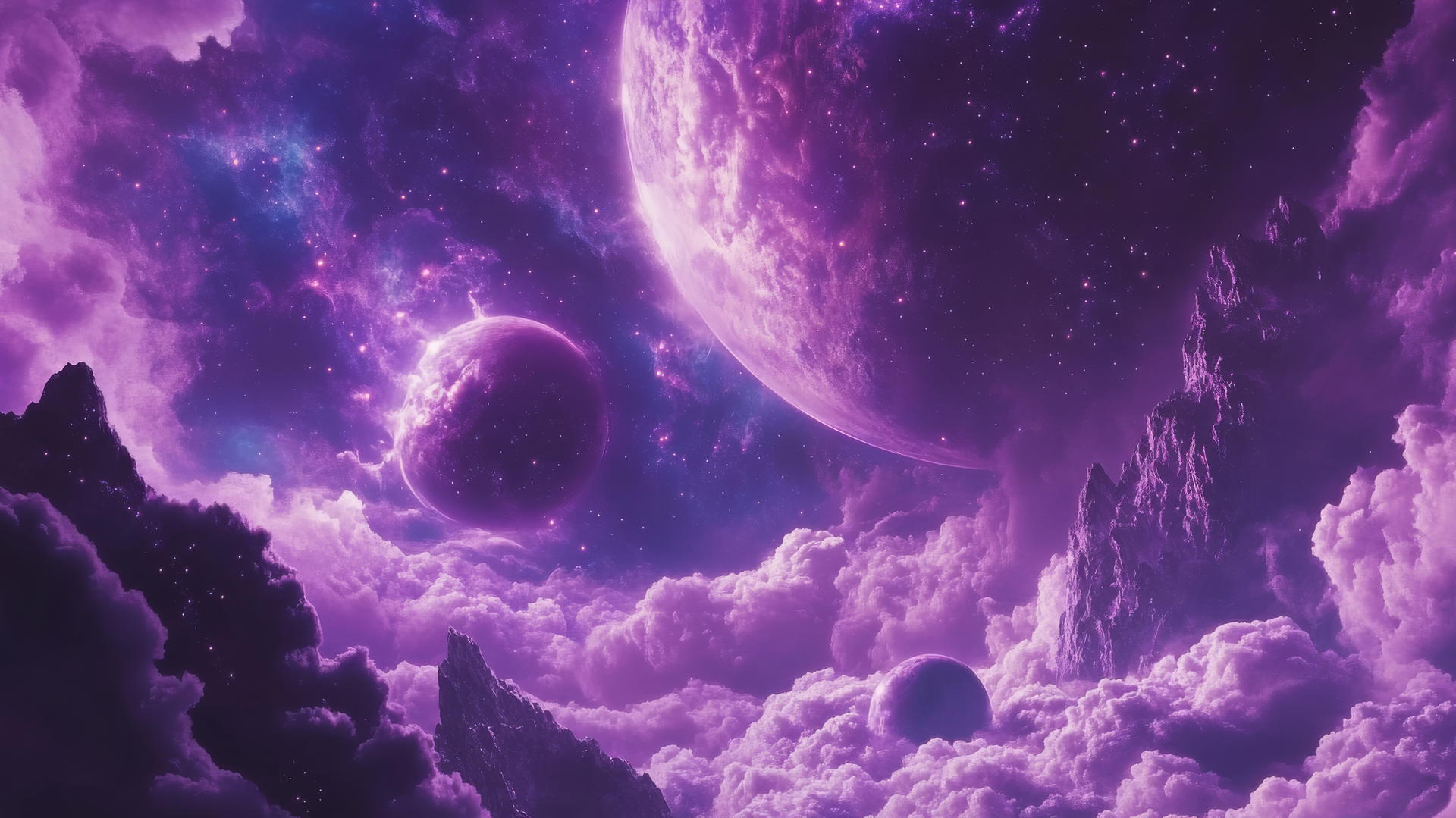purple wallpaper aesthetic with dreamy galaxy, swirling purple nebulae, distant stars, and glowing planets