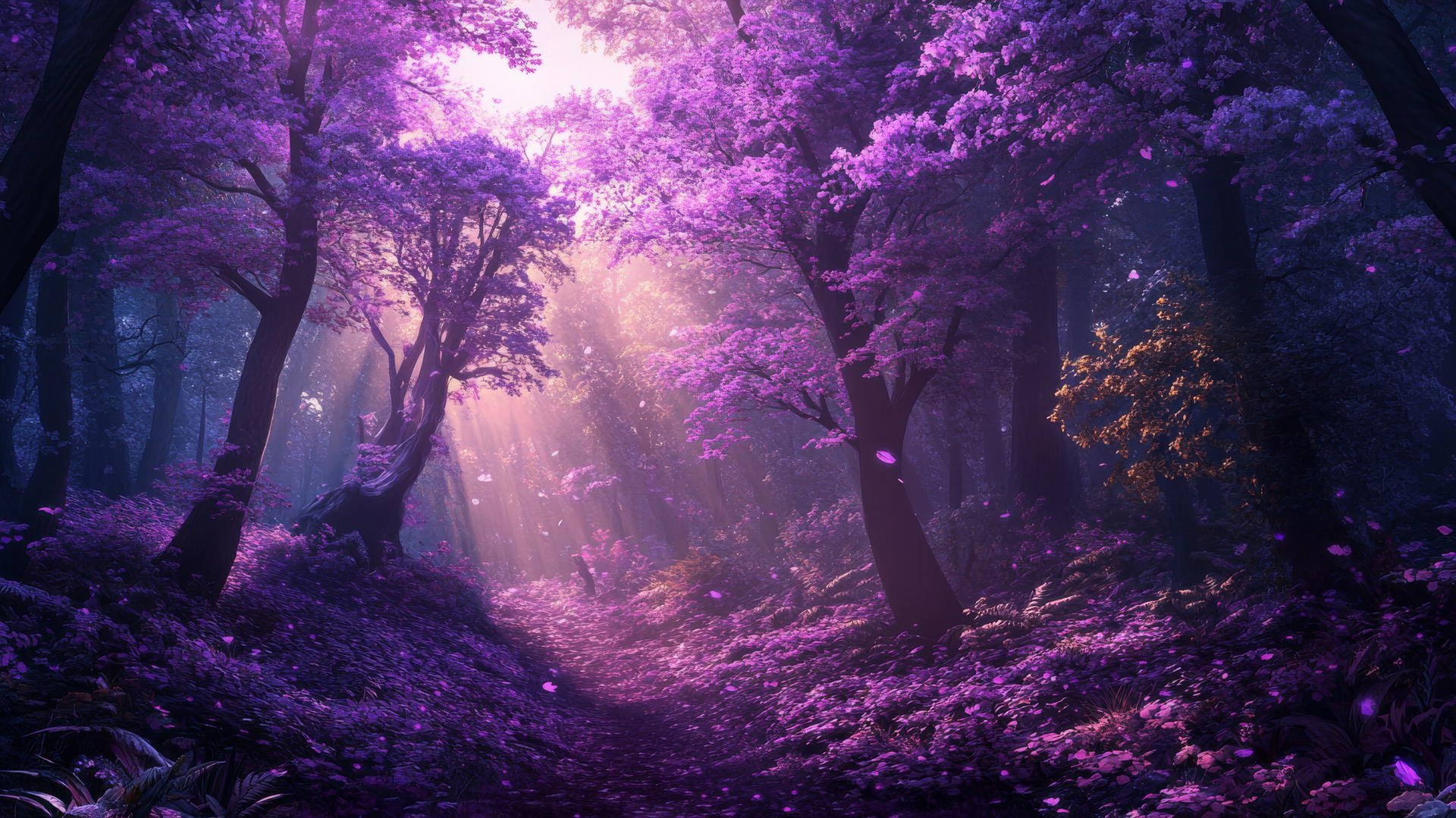 Mystical forest with glowing purple trees, shimmering light, and enchanted creatures, purple wallpaper aesthetic