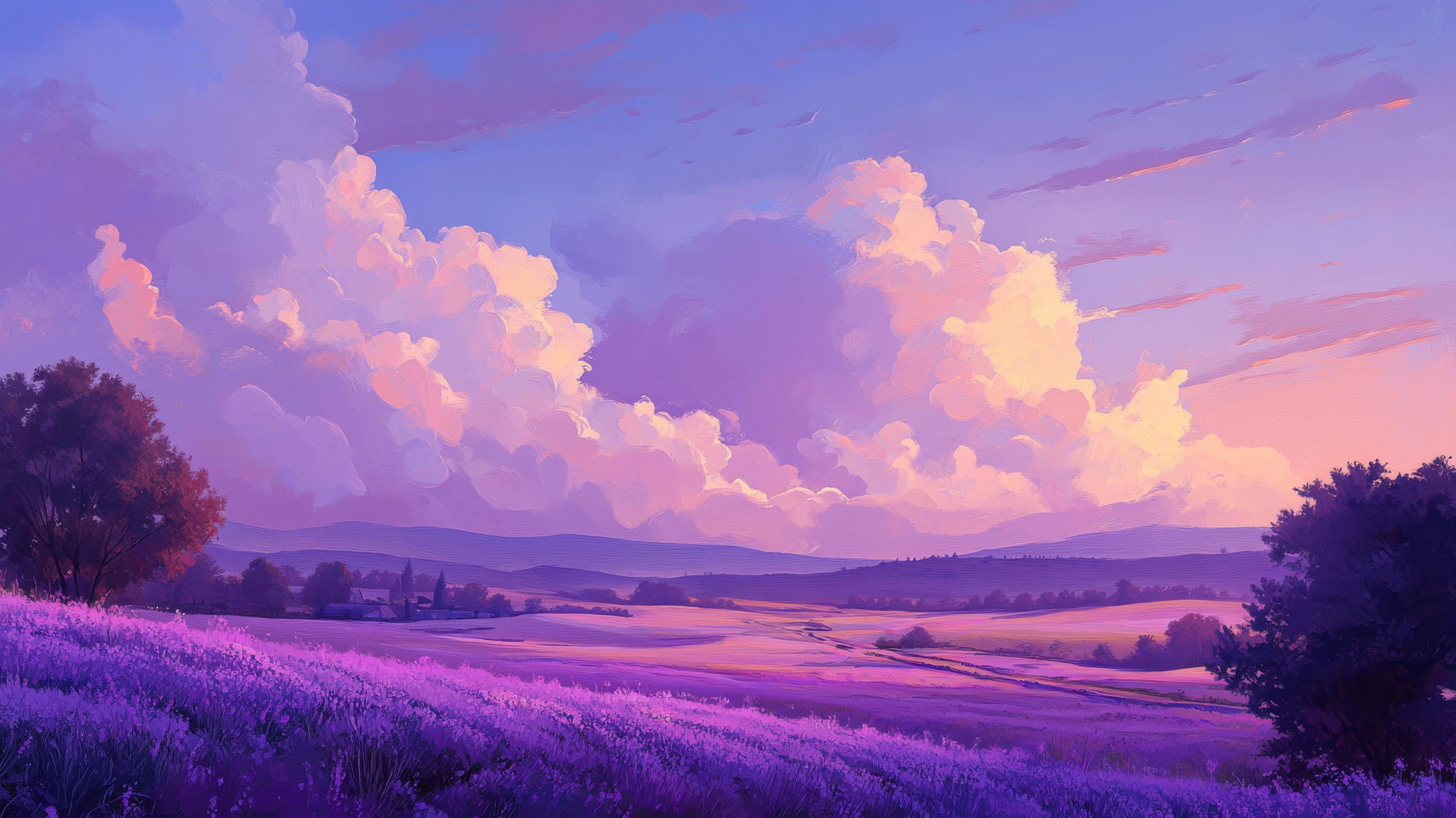 purple wallpaper aesthetic with rolling lavender hills, light purple sky, and pastel clouds