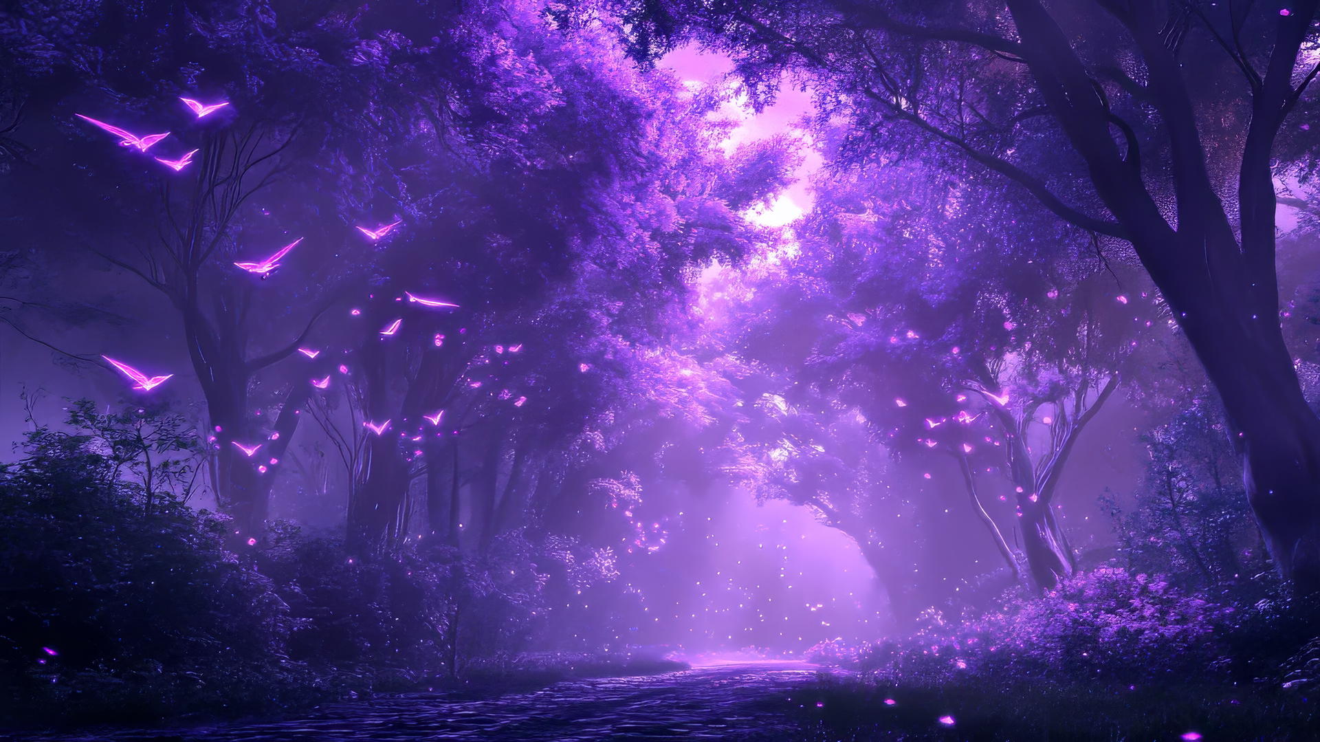 Neon purple aesthetic wallpaper with glowing trees and bioluminescent creatures.