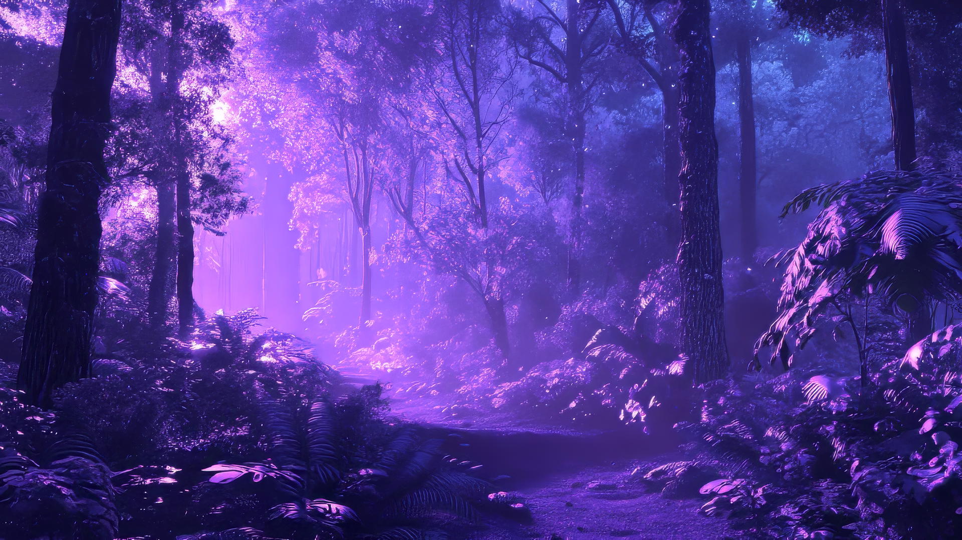 neon purple aesthetic wallpaper of a mystical forest glowing with light