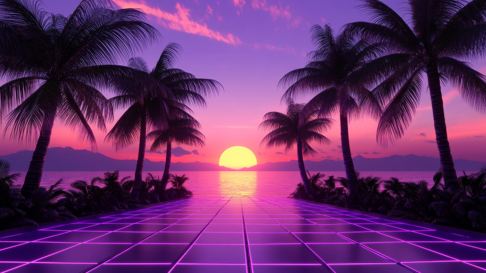 neon purple aesthetic wallpaper with palm trees and a glowing grid under a neon sunset