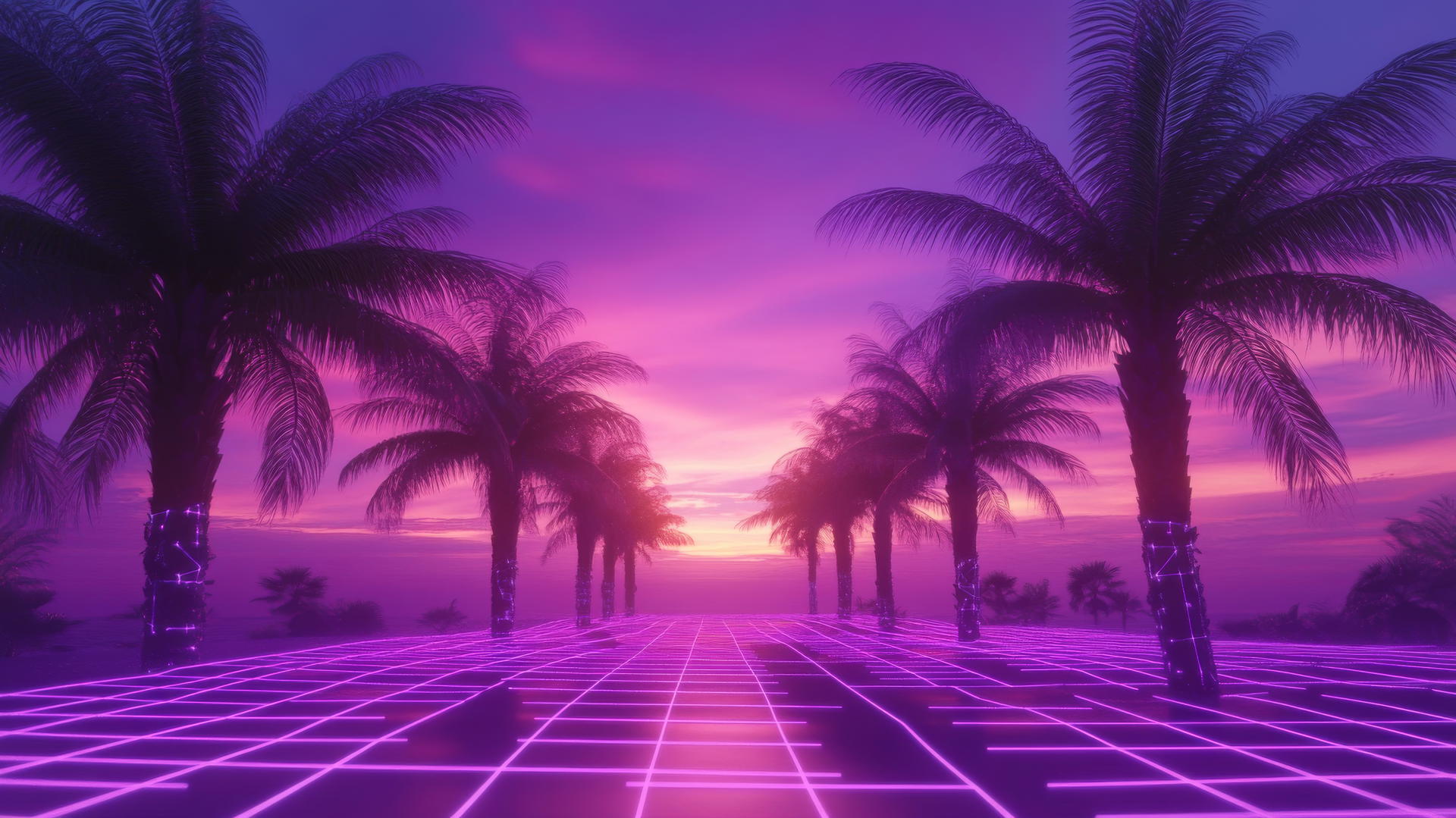 Retro-futuristic neon purple aesthetic wallpaper with palm trees and a glowing grid