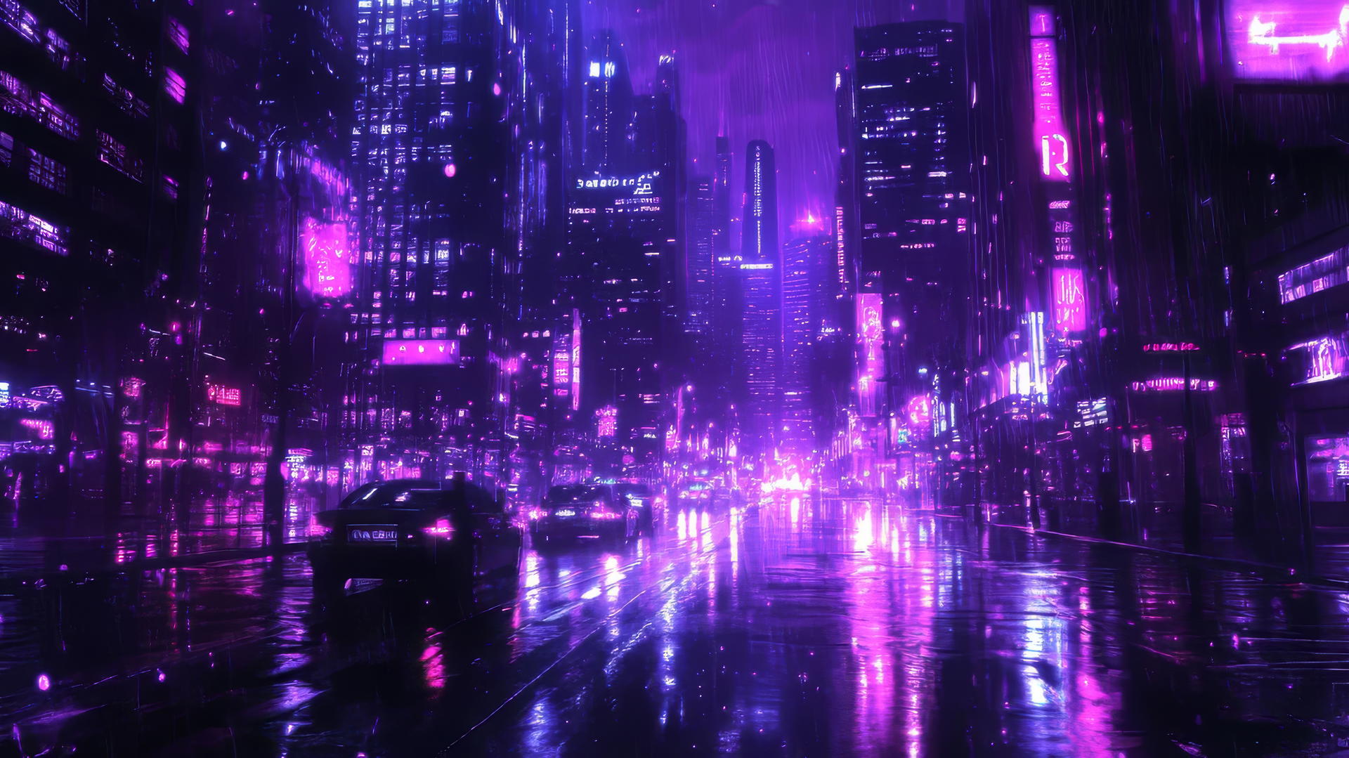 neon purple aesthetic wallpaper with glowing skyscrapers and wet streets