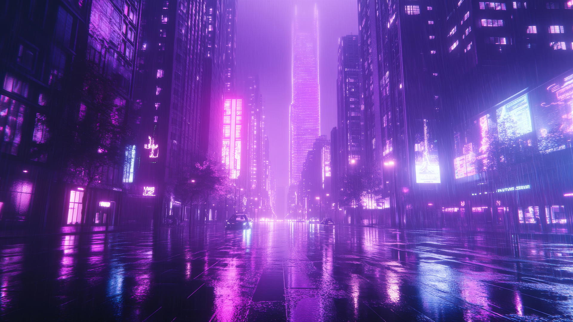 neon purple aesthetic wallpaper with glowing skyscrapers and reflections