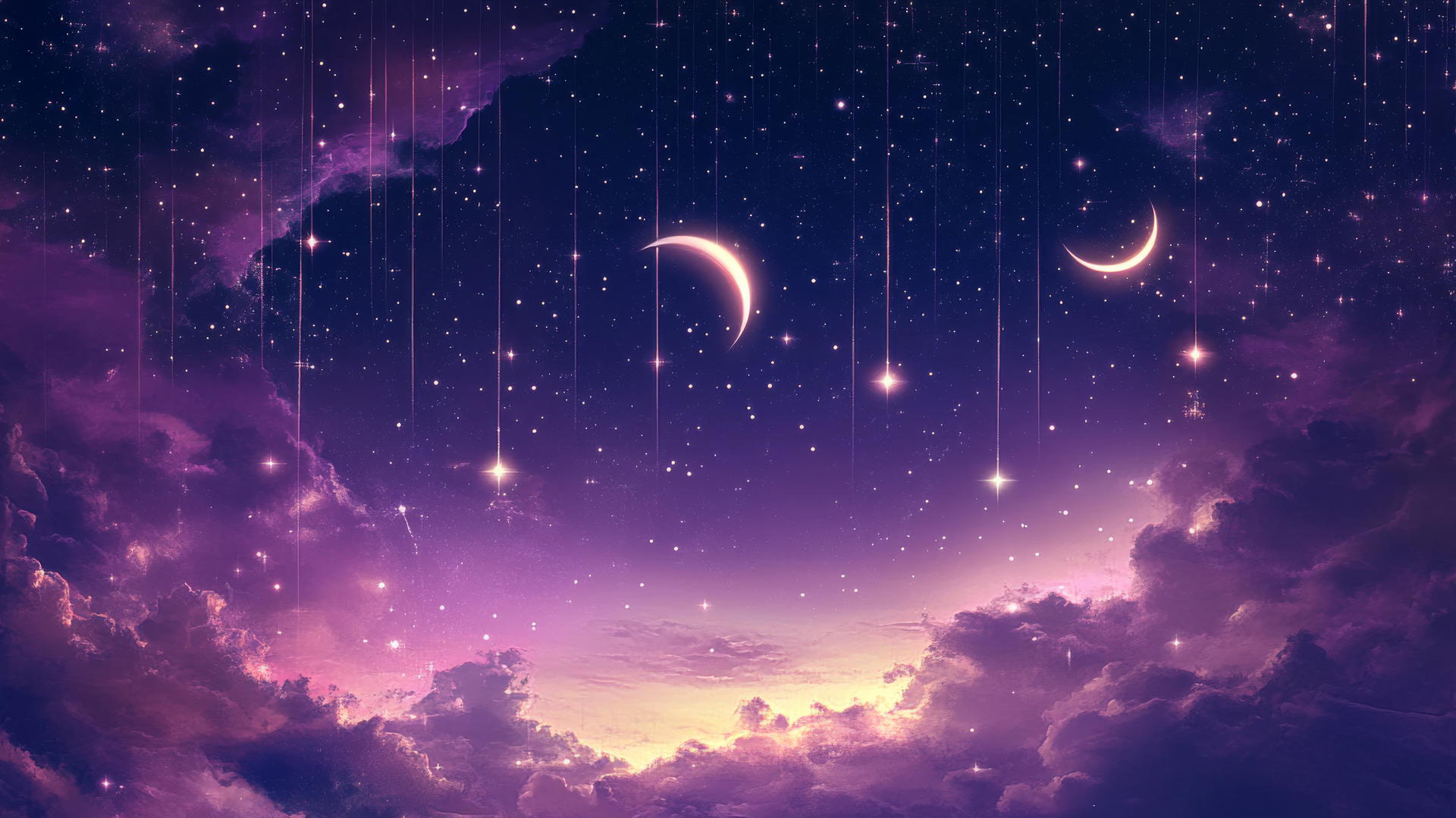dark purple wallpaper with crescent moons, stars, and constellations
