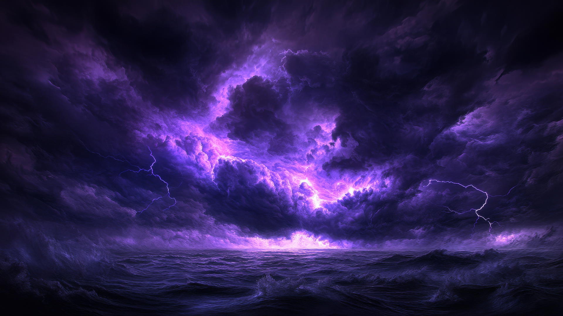 Dramatic dark purple storm cloud with lightning bolts over horizon