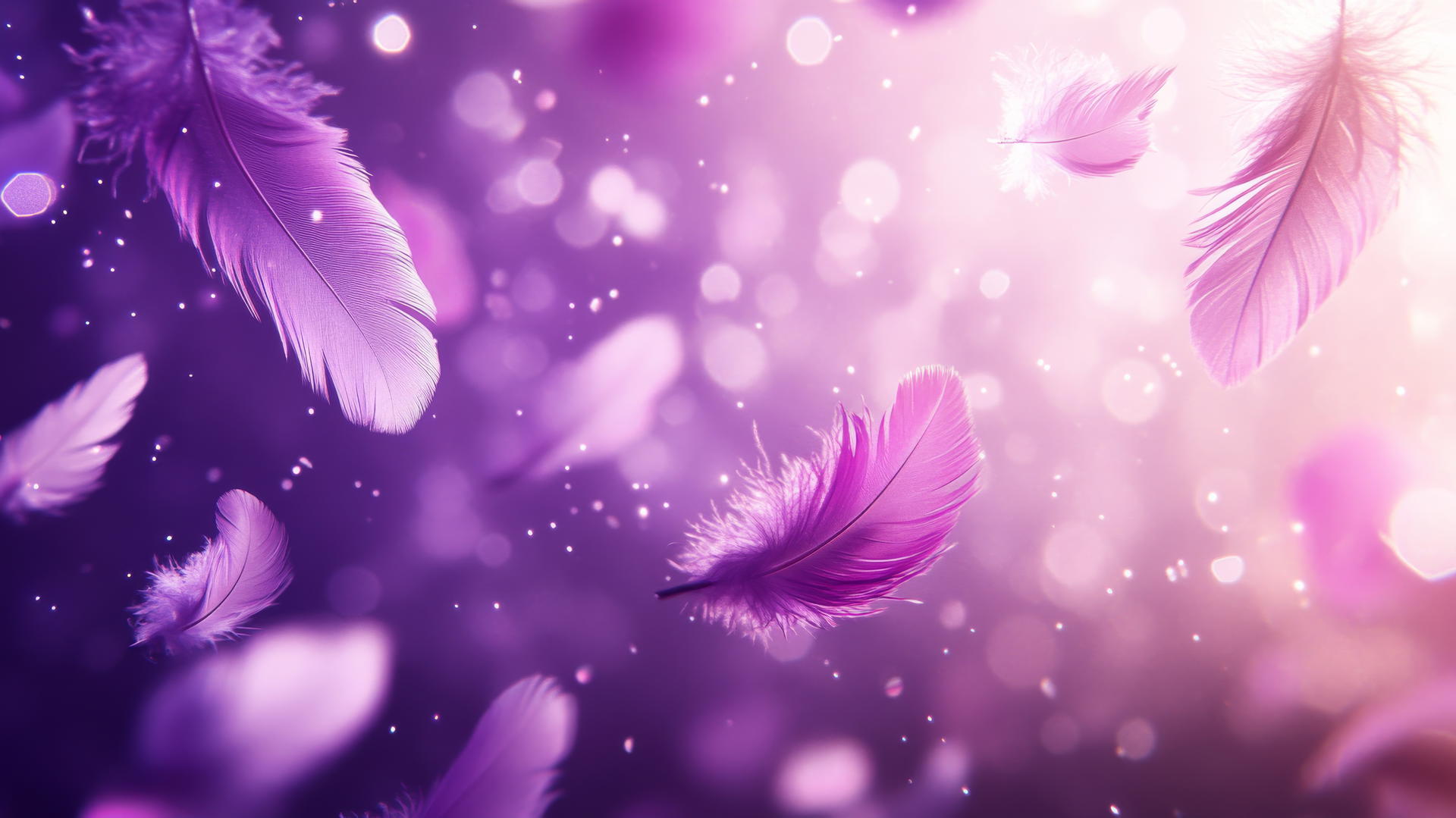 A whimsical purple background wallpaper with floating feathers and sparkles.