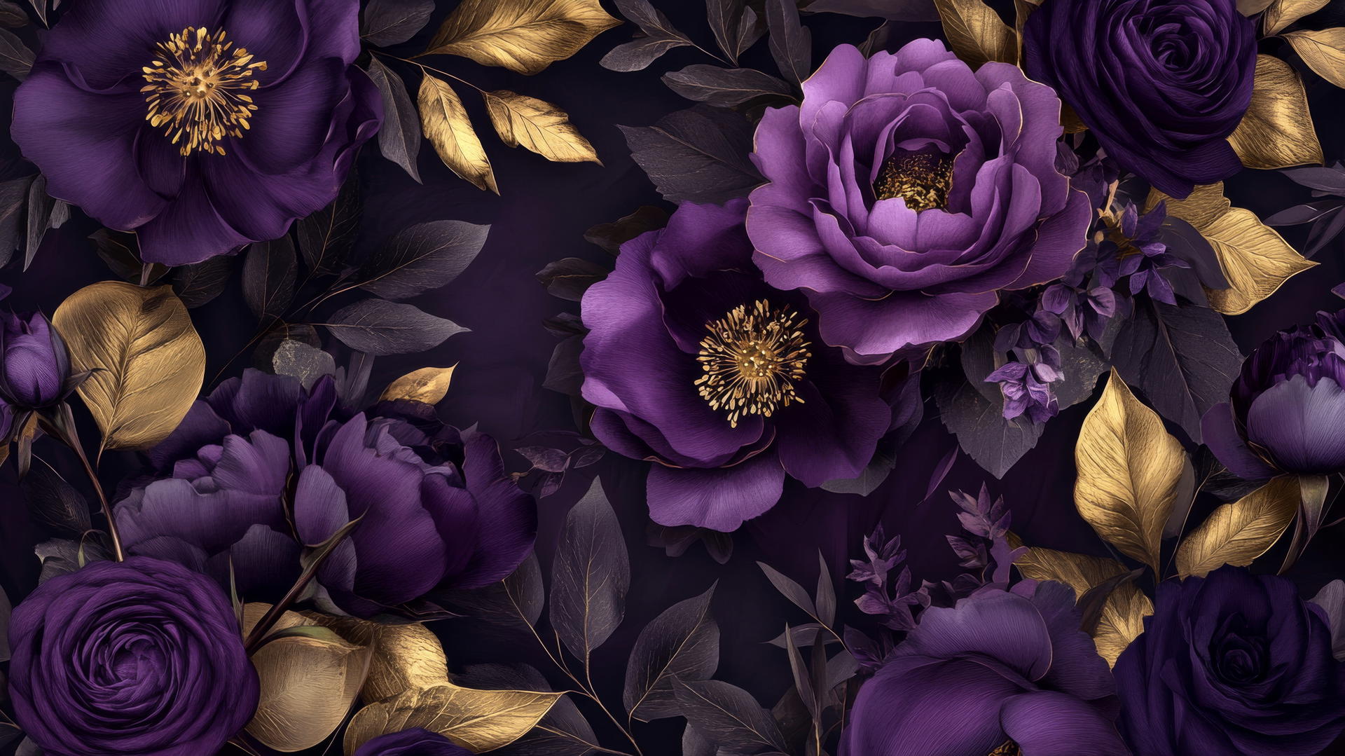 Purple flower wallpaper with deep purple and violet roses and peonies, golden leaves.