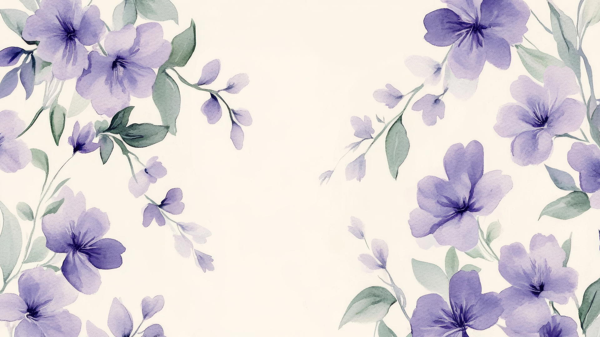 A watercolor-style purple flower wallpaper with lavender blossoms and green leaves on a white background
