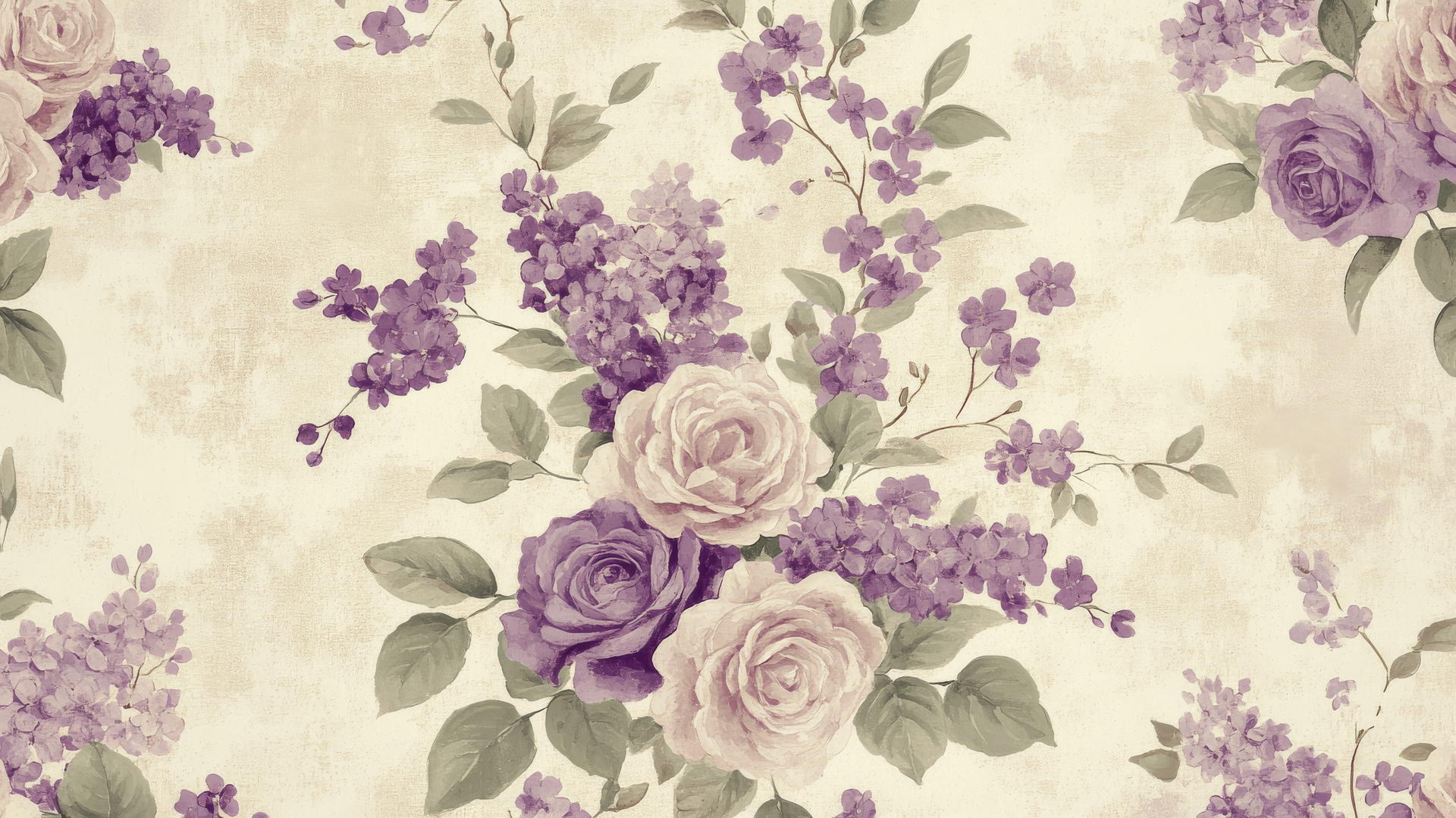 vintage floral design with delicate purple lilacs and roses on beige background