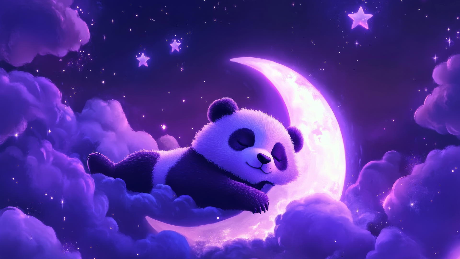 cute panda wallpaper 4k with a sleepy purple panda on a crescent moon