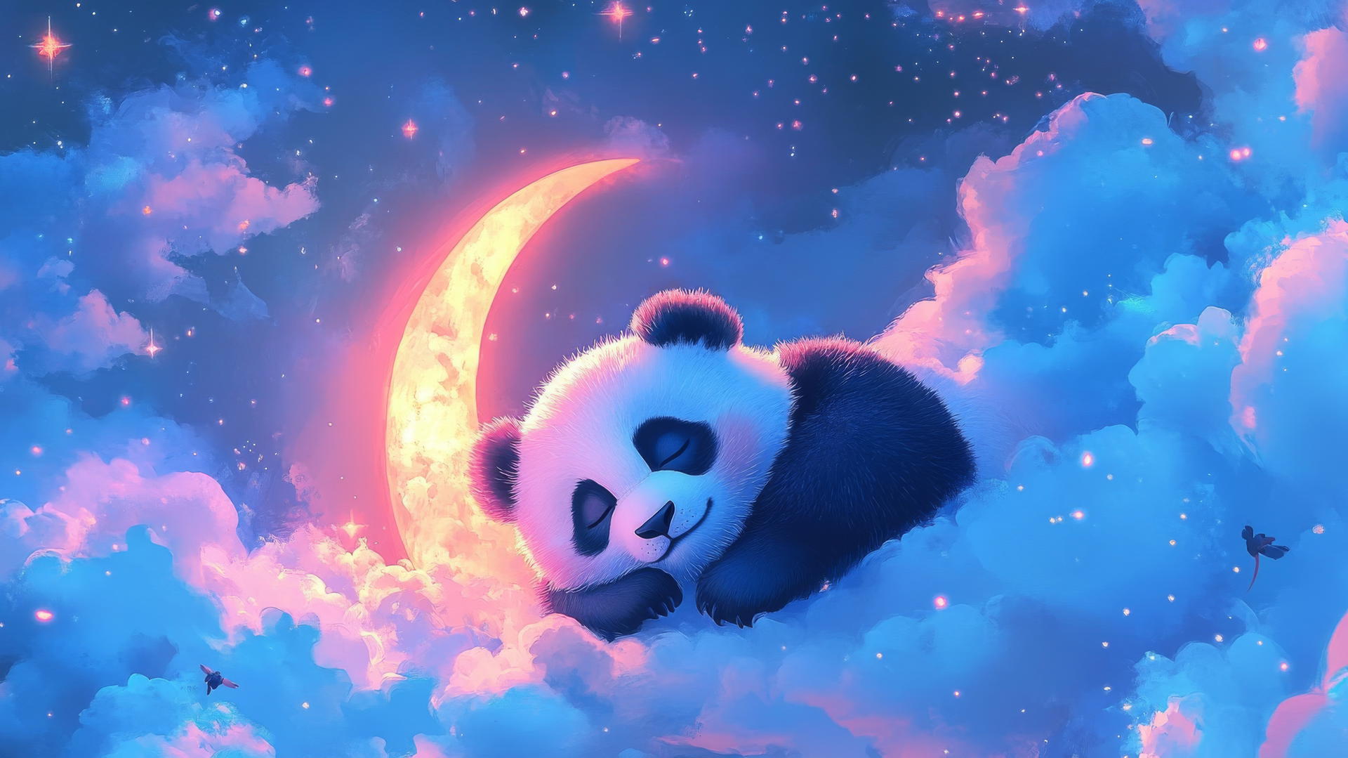 cute panda wallpaper 4k: Sleepy panda on a crescent moon with stars and pastel clouds.