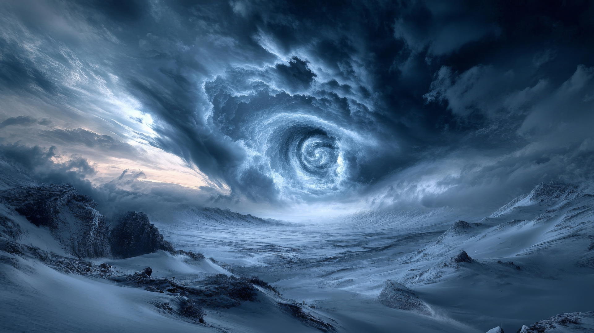 Dramatic winter storm over rugged landscape with swirling snow