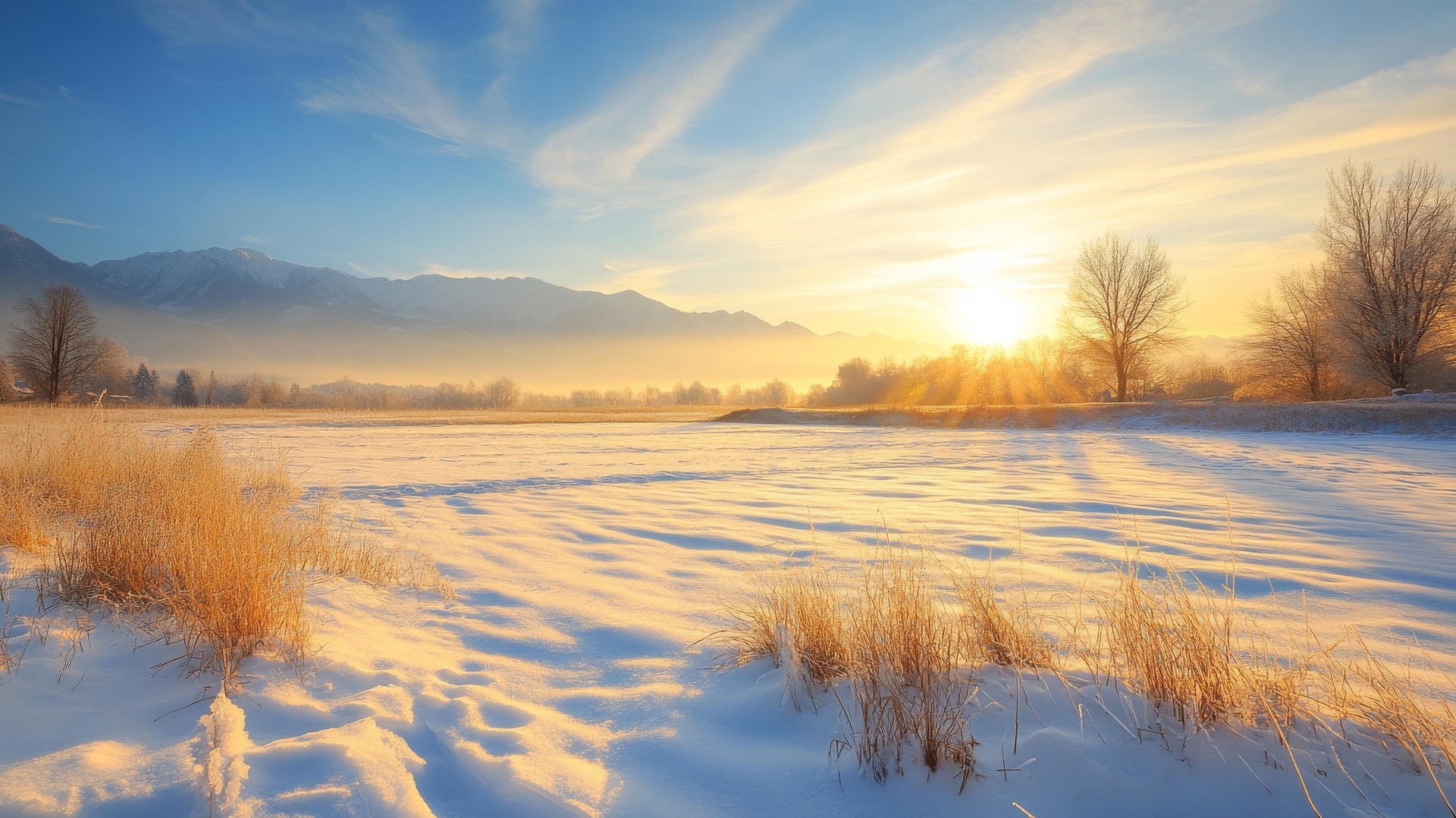 peaceful winter sunrise illuminating a snow-covered field with distant mountains