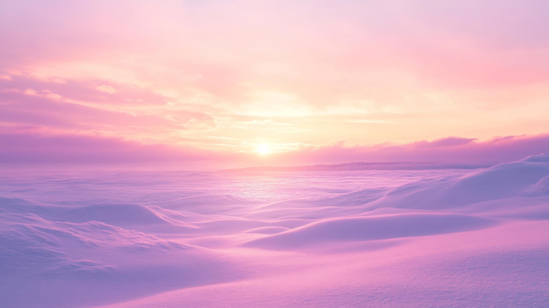 winter wallpaper with pastel-colored sunset, pink and purple hues reflecting off snow