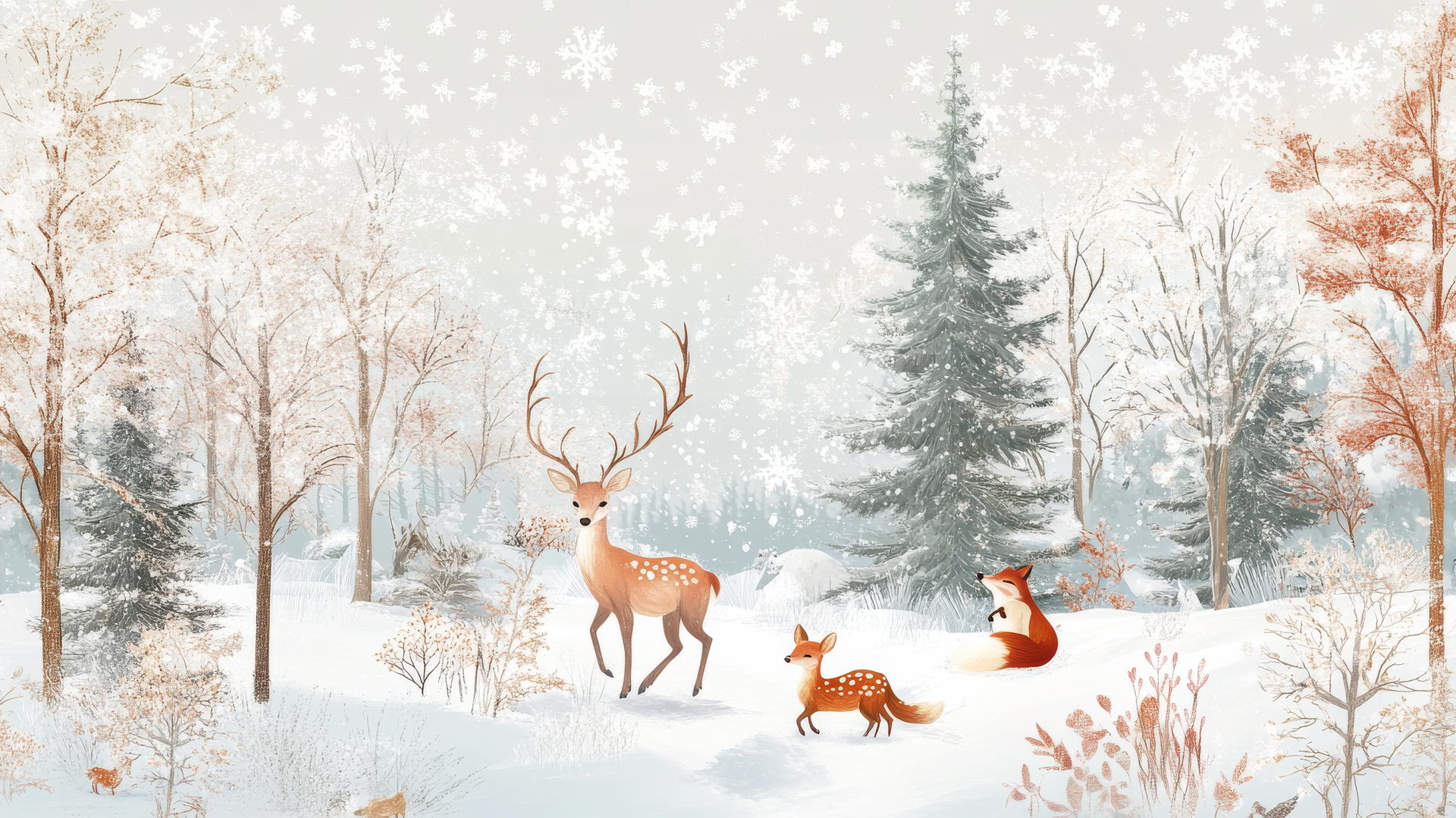 winter wallpaper with playful deer and foxes in a snowy, frosted forest