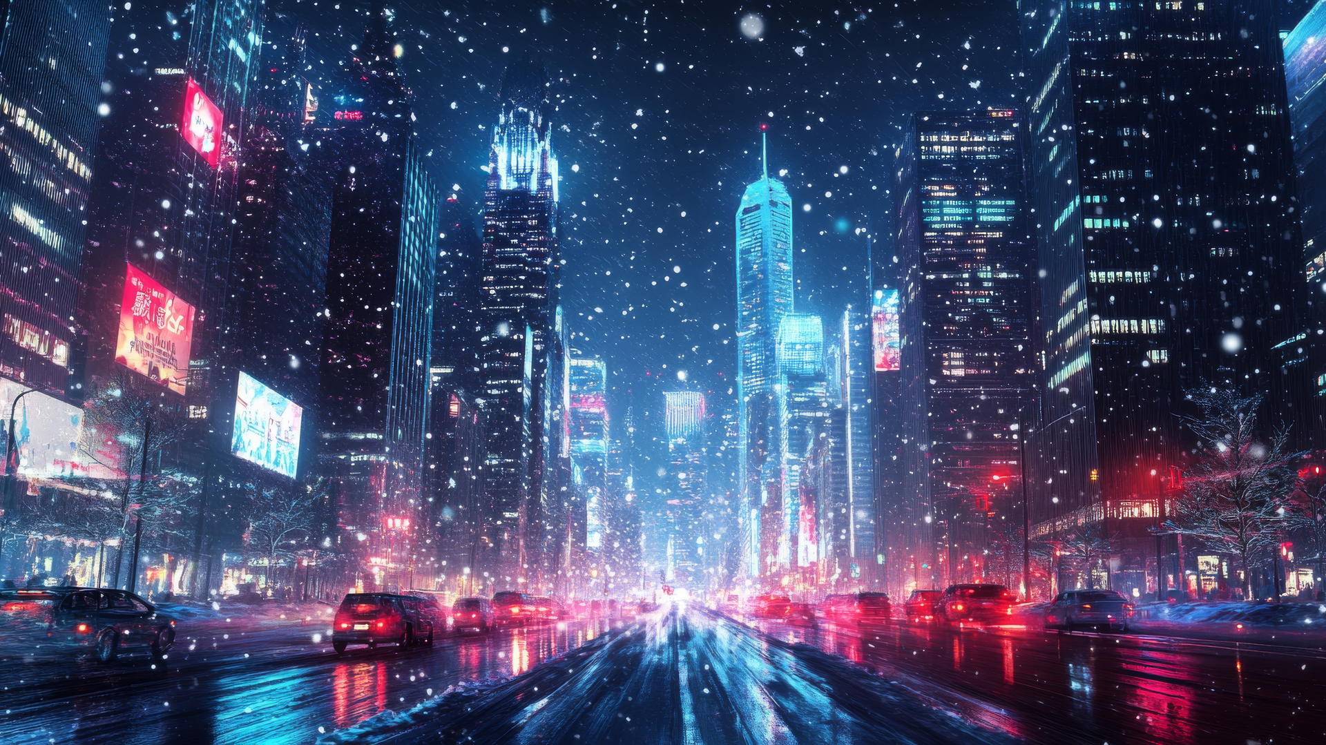futuristic winter cityscape with neon lights and falling snow, winter background wallpaper