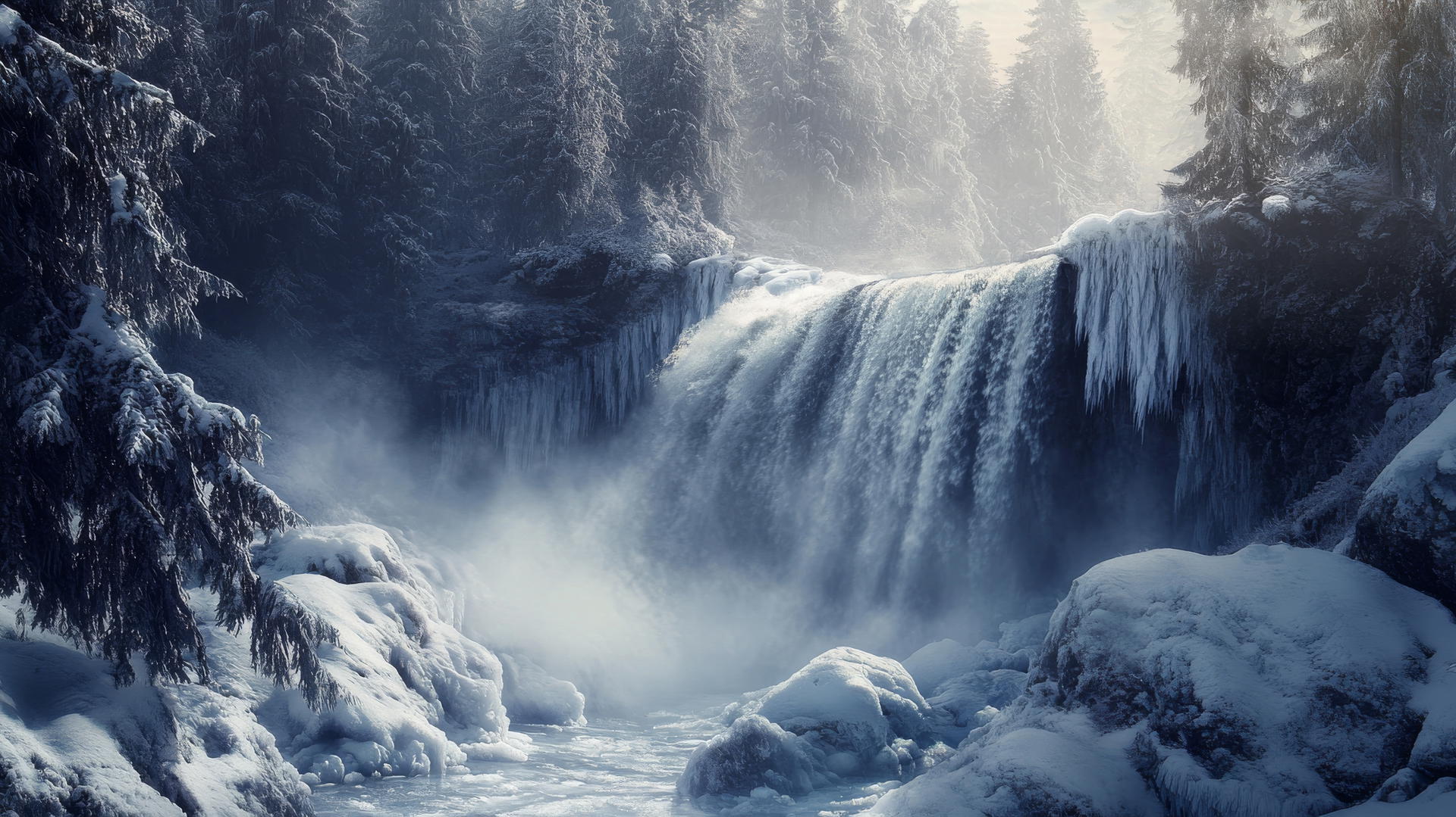 winter background wallpaper with a frozen waterfall, icy rocks, and snow-covered pines