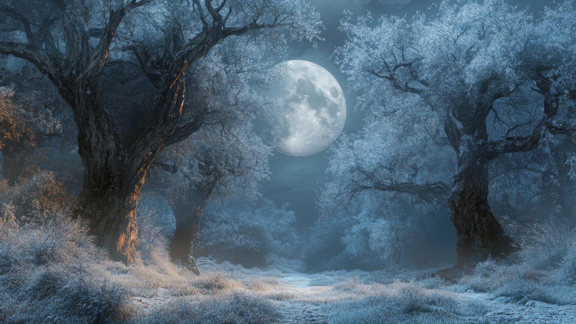 A mystical winter forest with towering frost-covered trees under an ethereal full moon, winter background wallpaper.