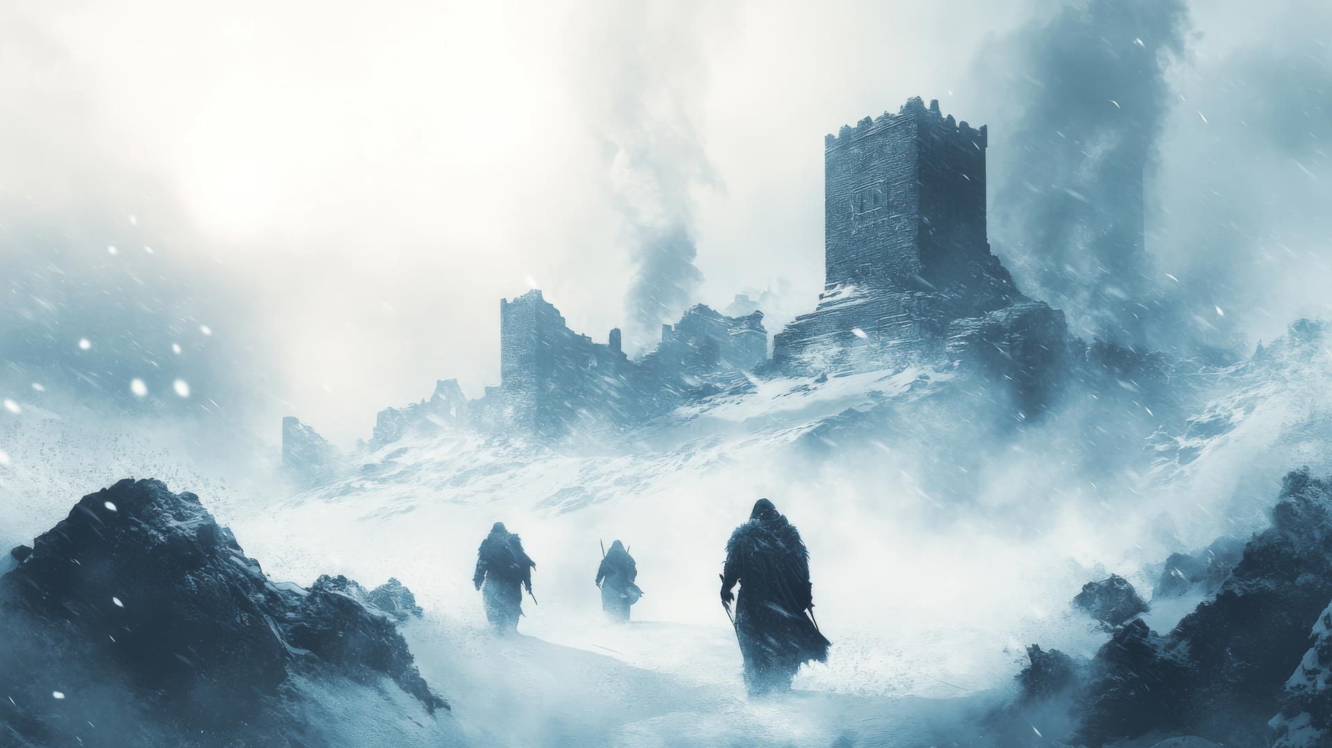Winter background wallpaper with warriors on a snow-covered battlefield