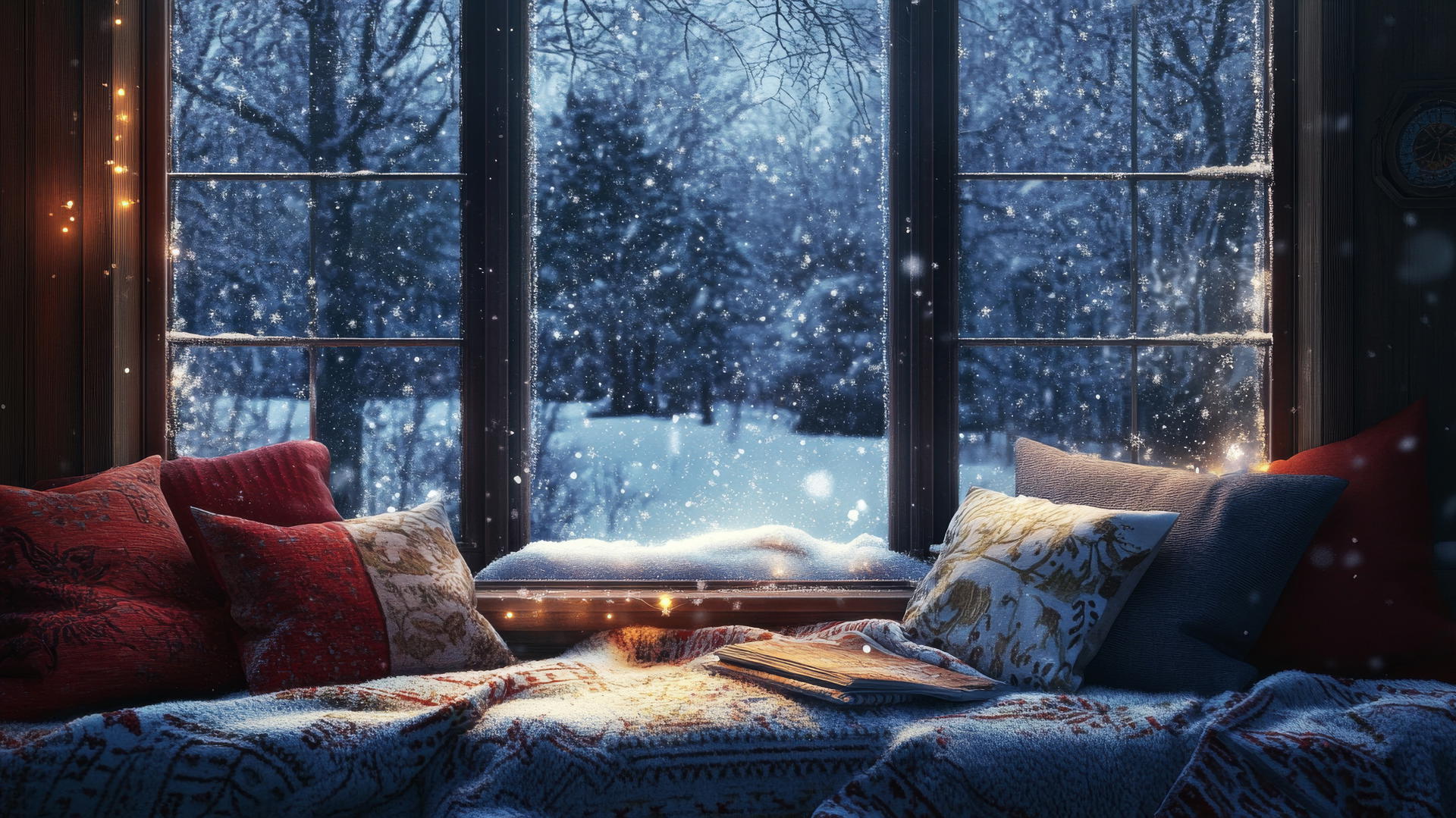 winter aesthetic wallpaper with a cozy window seat, plush blankets, pillows, and a snowy landscape.