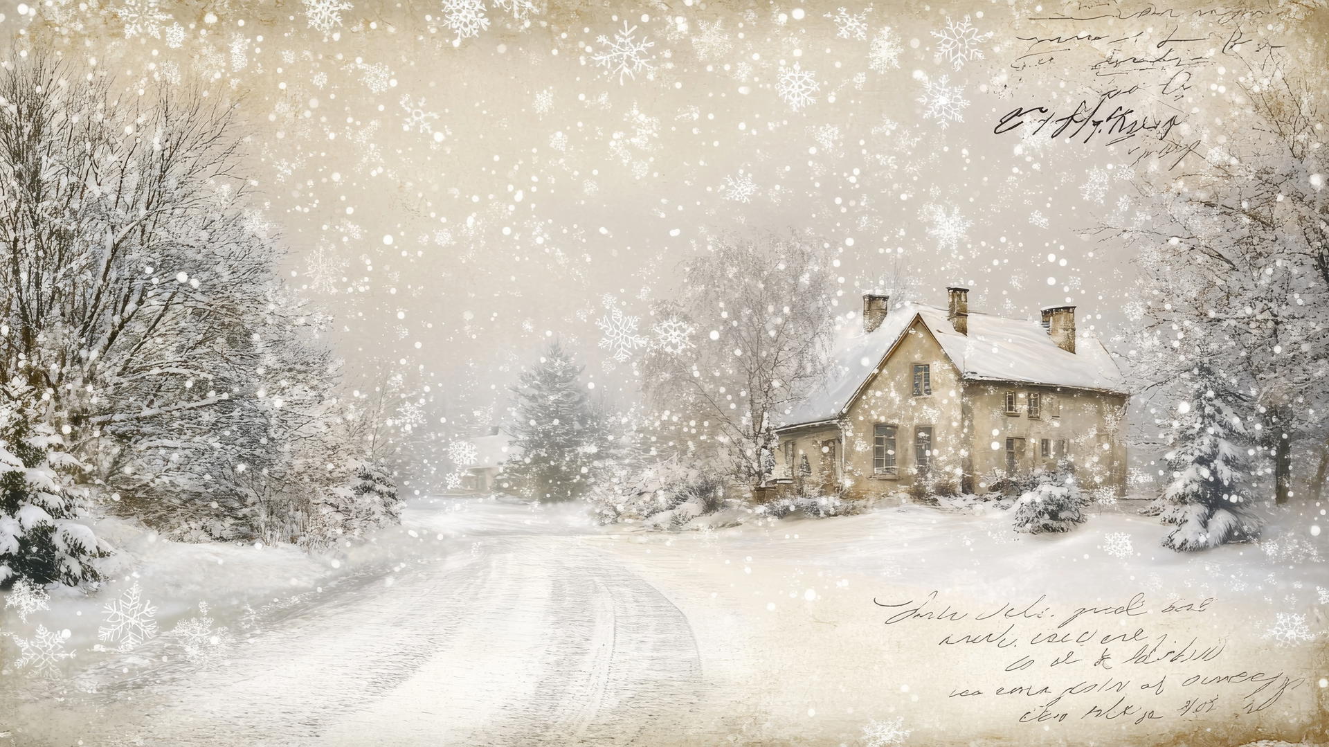 Winter aesthetic wallpaper with snowflakes over a cozy cottage and handwritten script.
