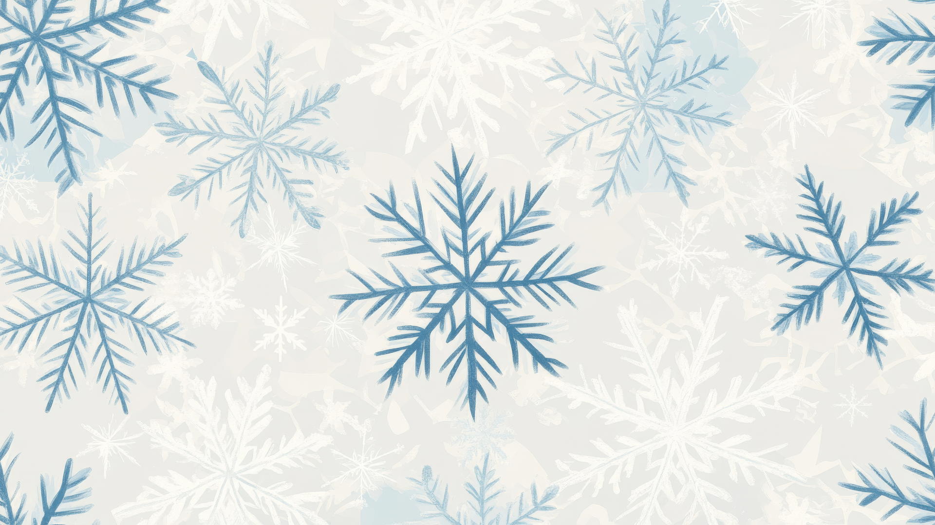 modern winter scene with geometric snowflakes in soft blues and whites on pale gray background, winter aesthetic wallpaper