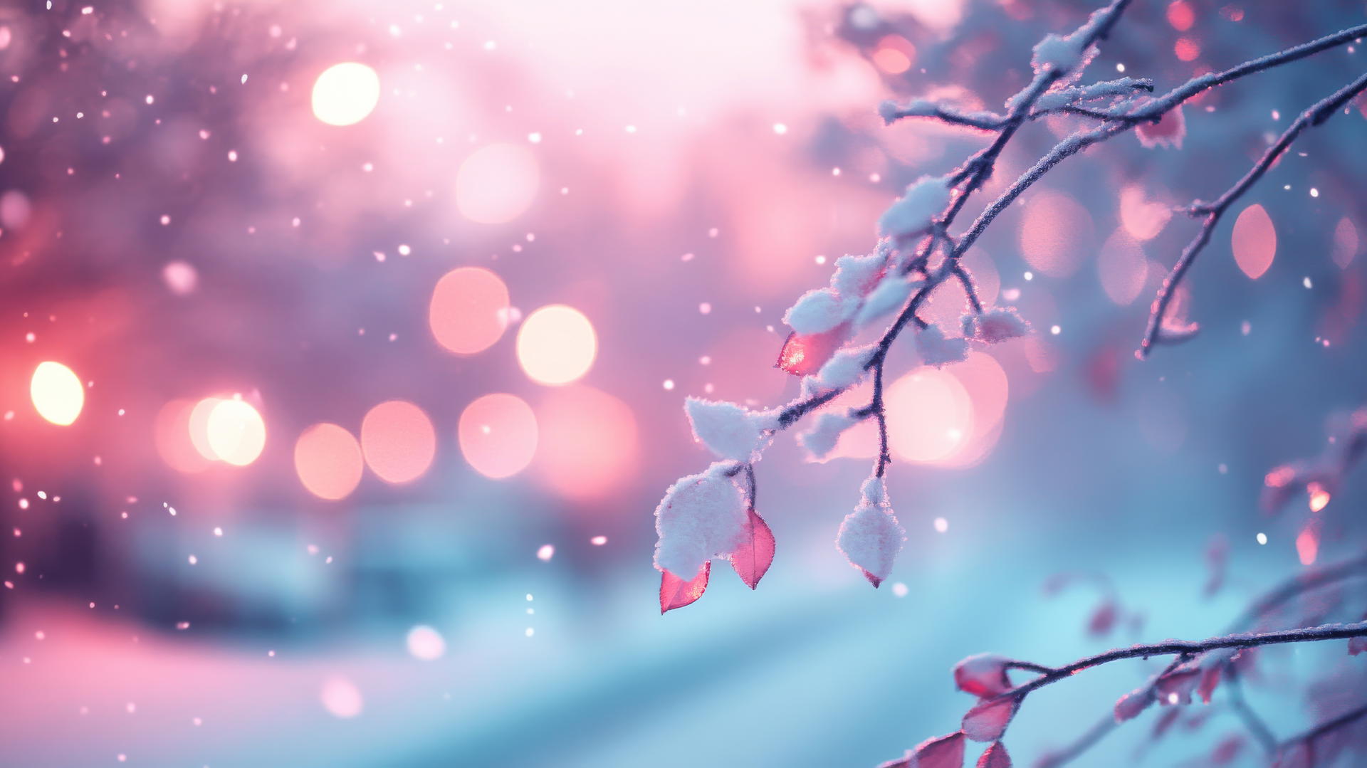 Winter aesthetic wallpaper with soft focus, bokeh effects, and snowy city lights reflection.