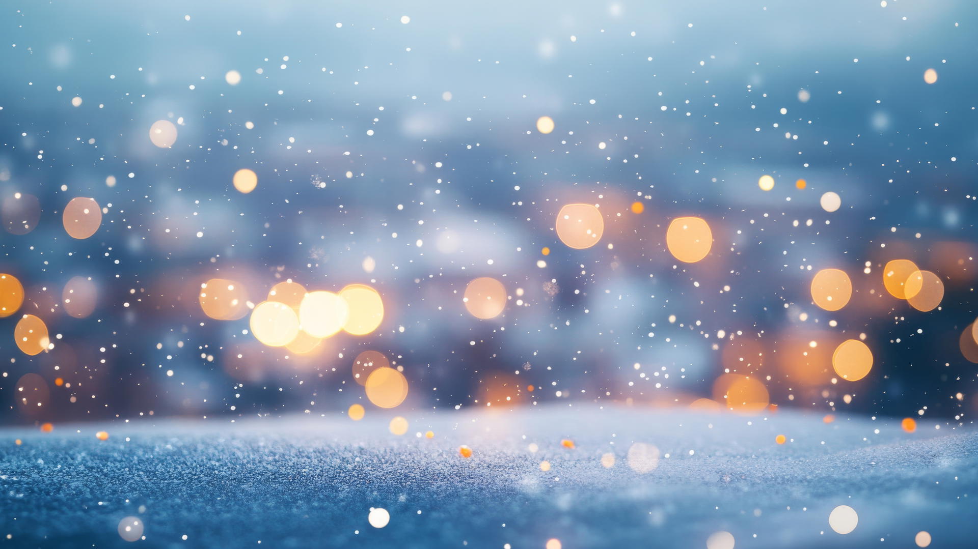 winter aesthetic wallpaper with soft focus, bokeh effects, and distant snowy city lights