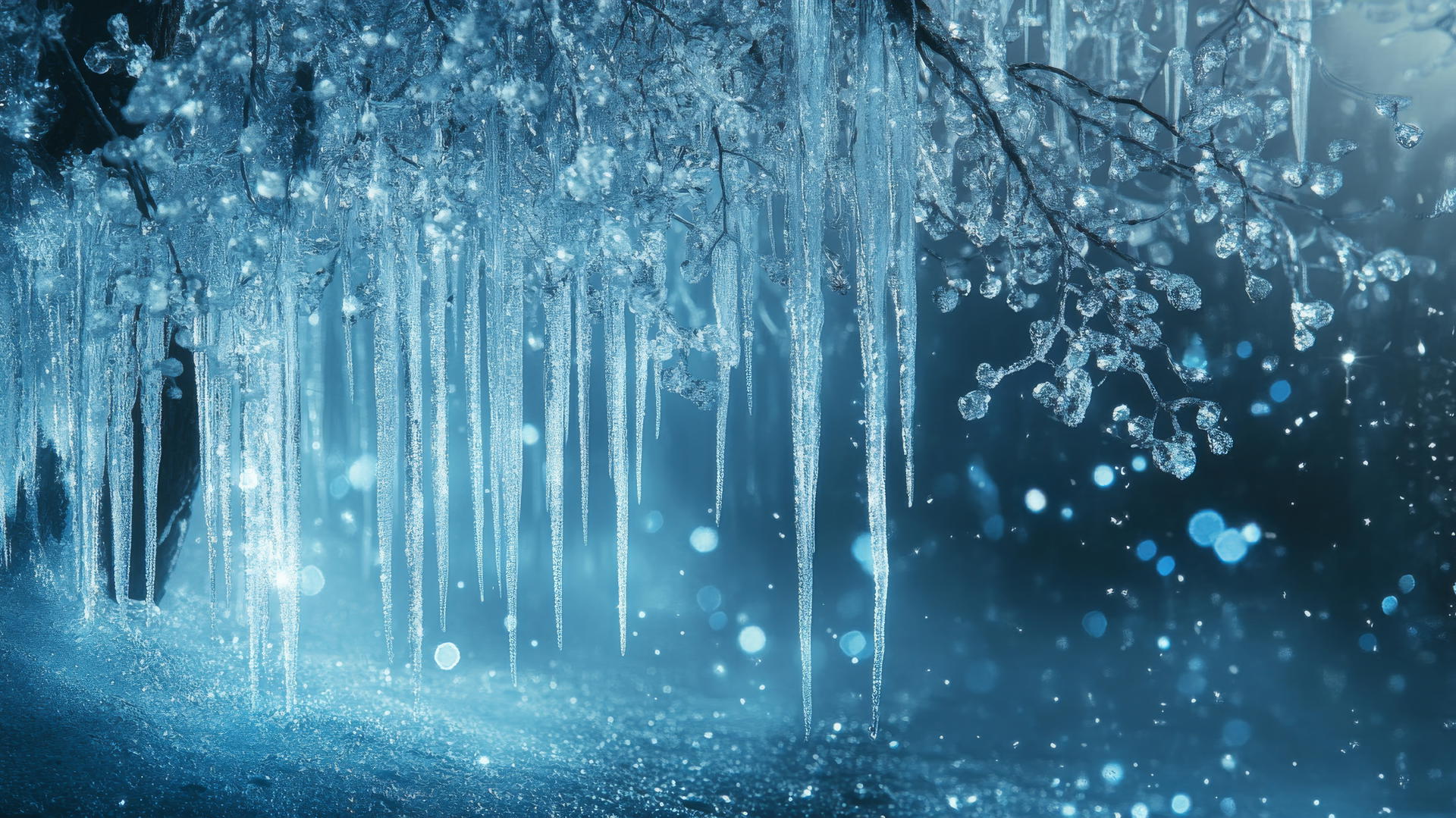 aesthetic winter wallpaper with icy blue and silver tones, crystal-clear icicle forest, glowing blue lights