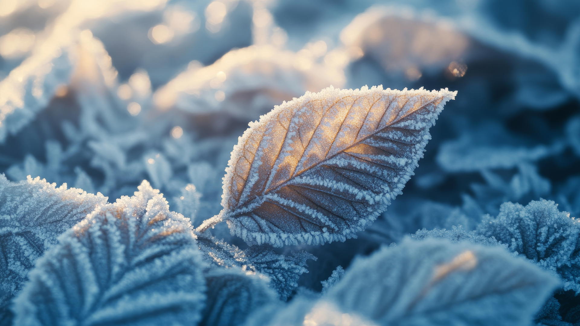 aesthetic winter wallpaper of frosty leaves with ice crystals