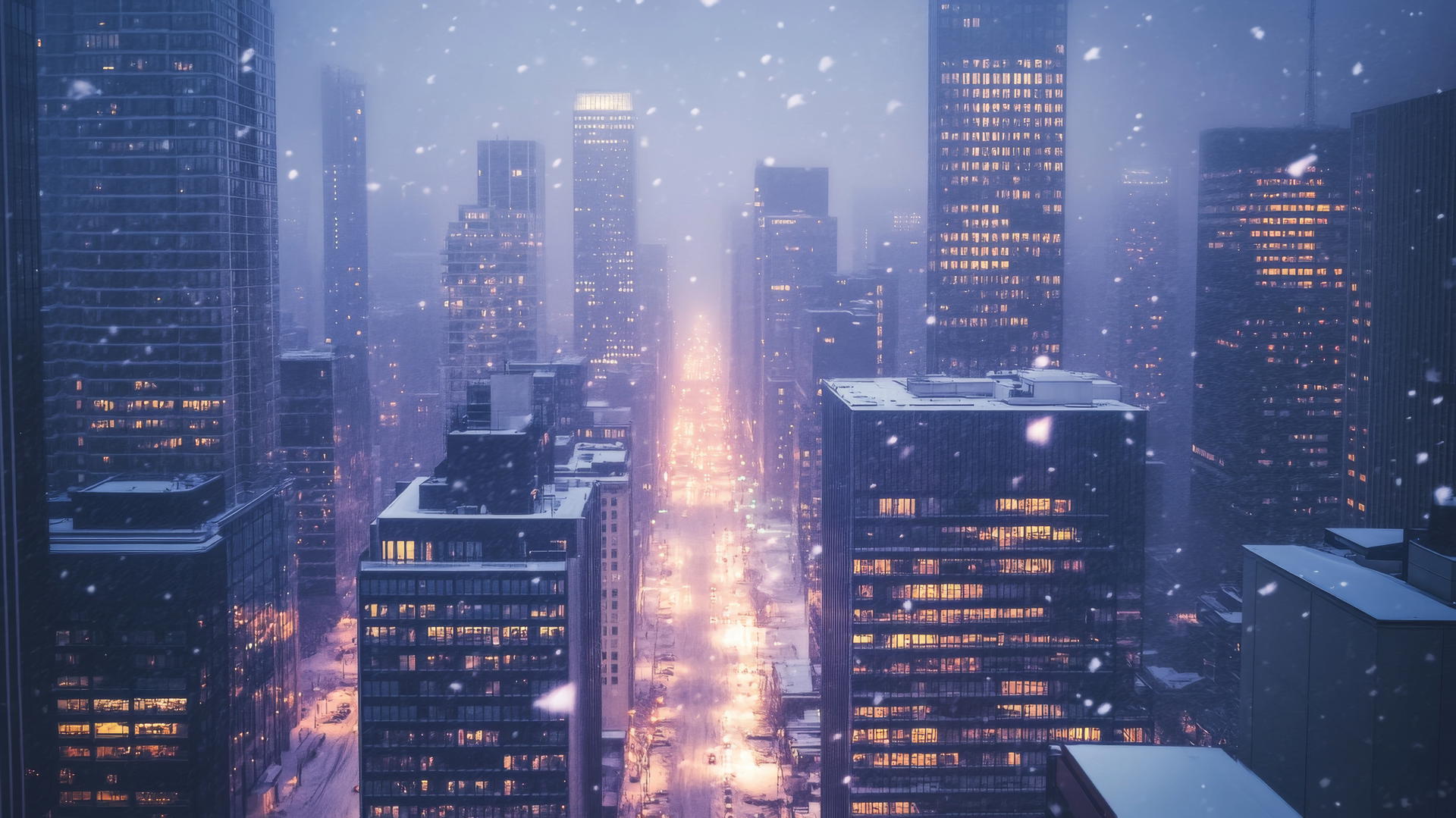 aesthetic winter wallpaper featuring minimalist cityscape at night with snow-covered streets and soft streetlight glows